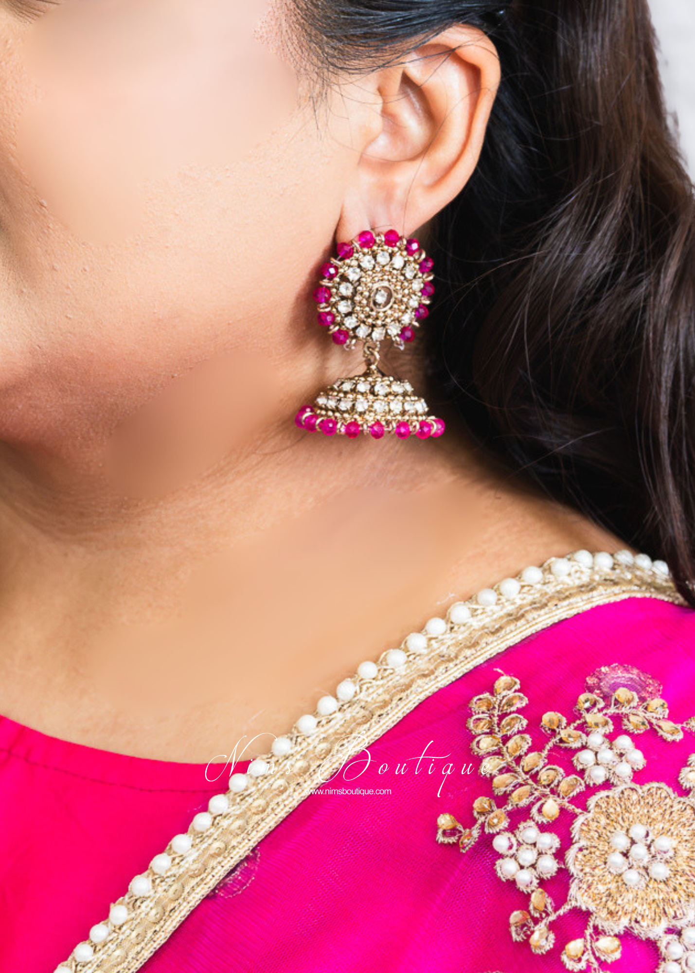 Hot Pink Net Pearl Embellished Dupatta/Chunni