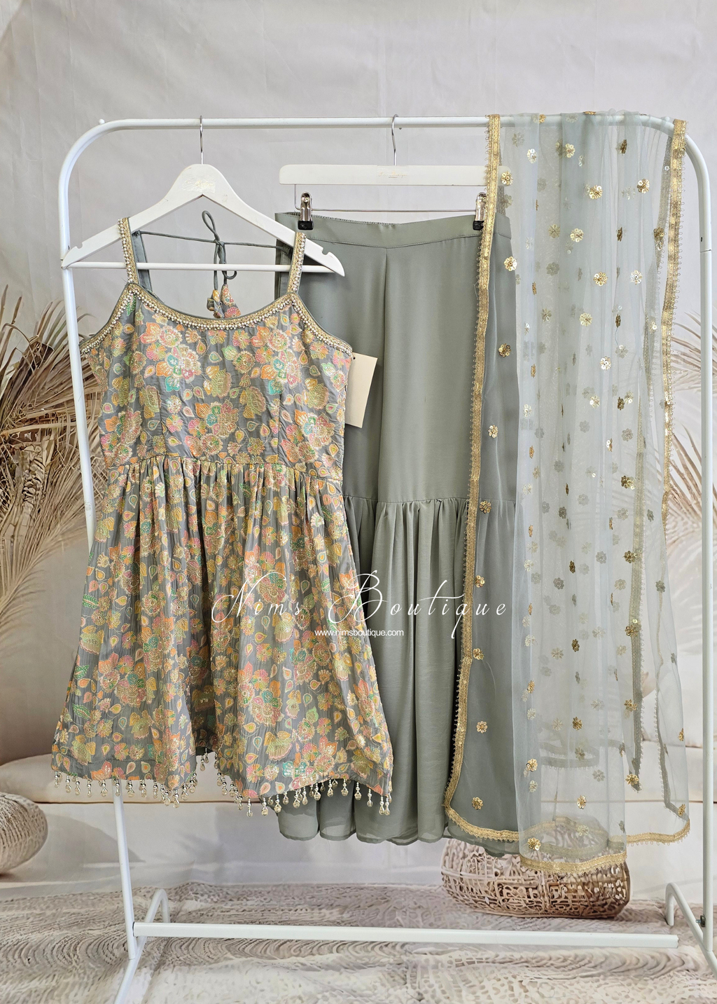 Grey Pastels Frock Thread Embroidered Gharara Suit (size 12)