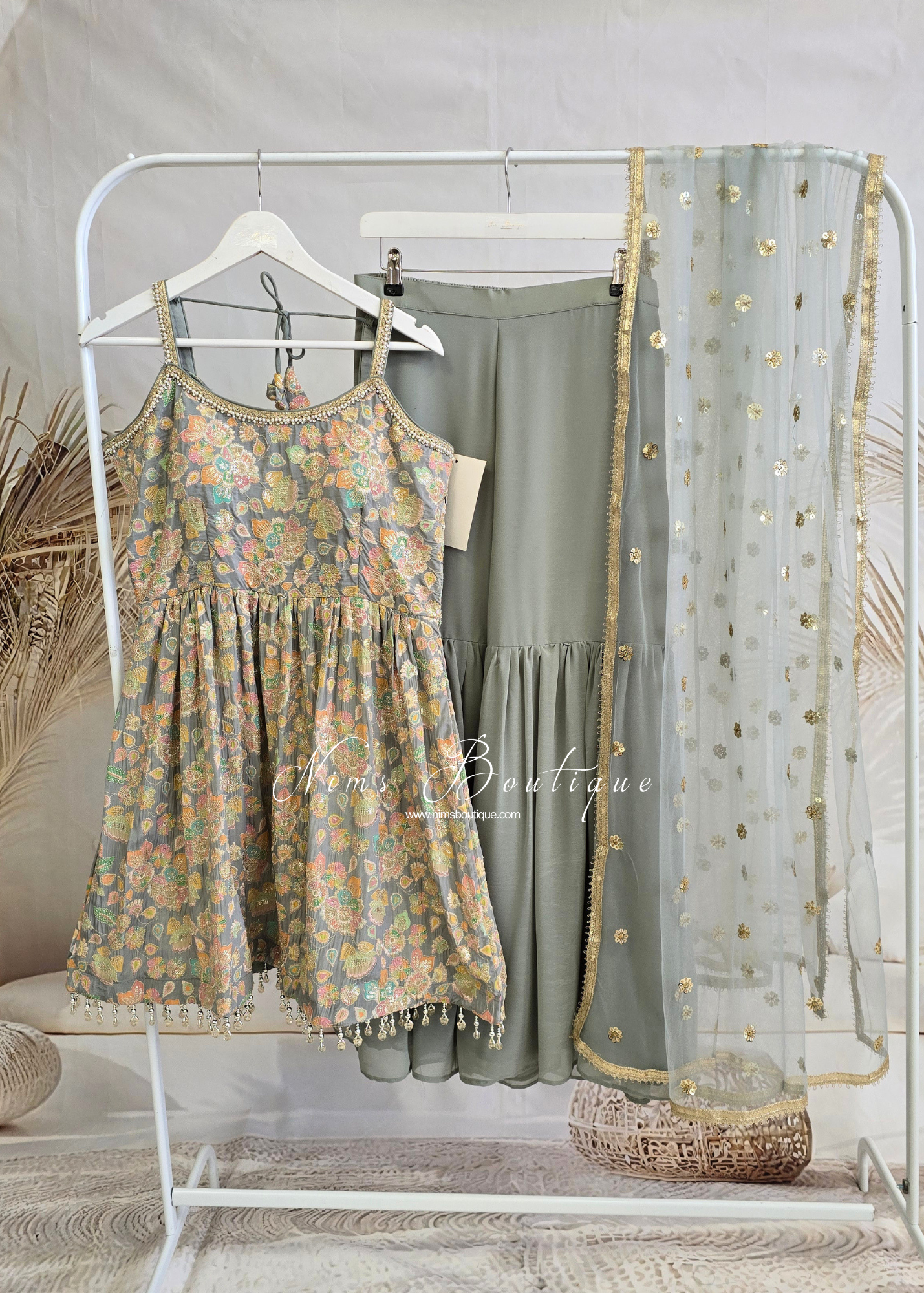 Grey Pastels Frock Thread Embroidered Gharara Suit (size 12)
