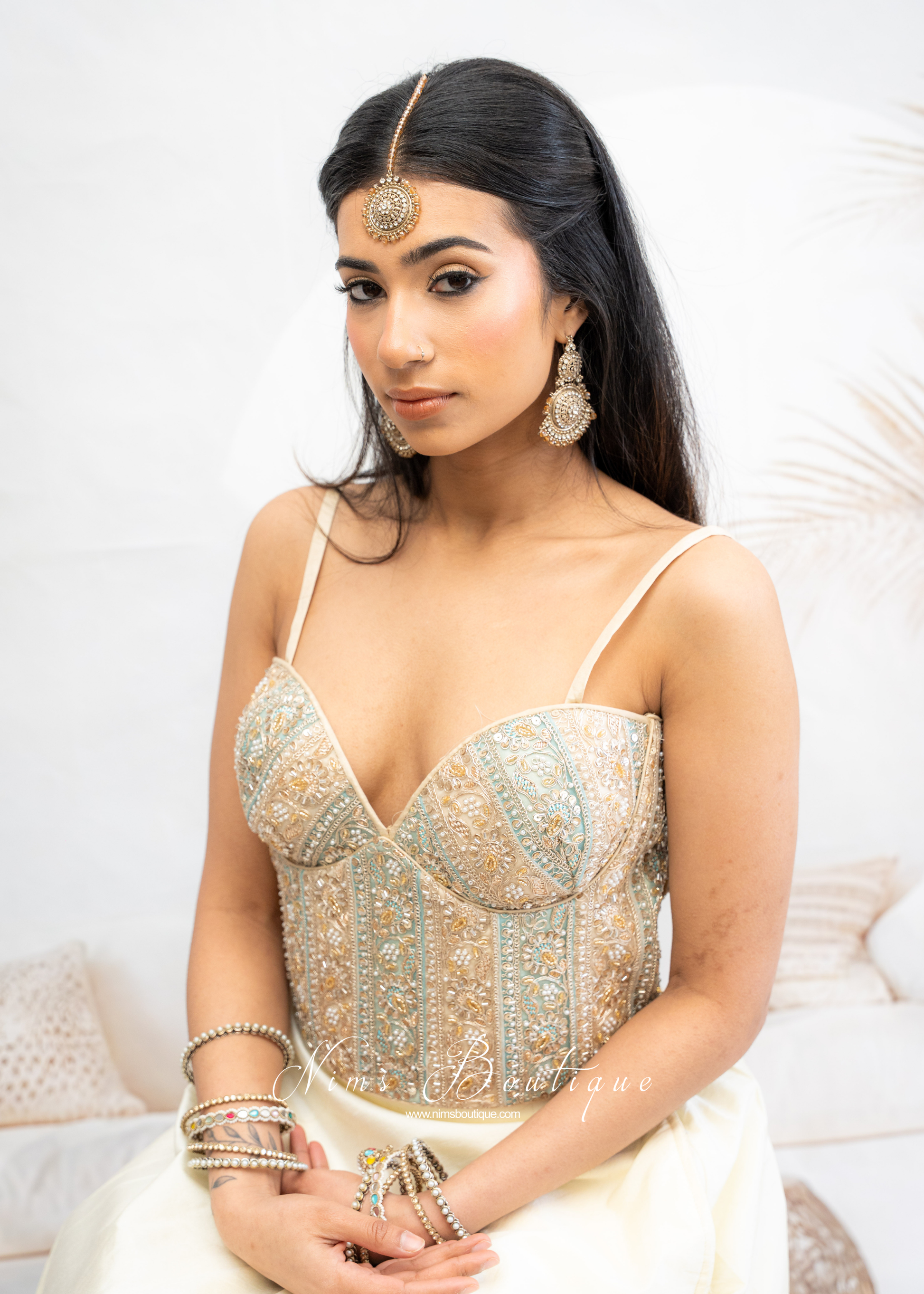 Maria Luxury Blue & Gold Embroidered Corset Blouse (one size)