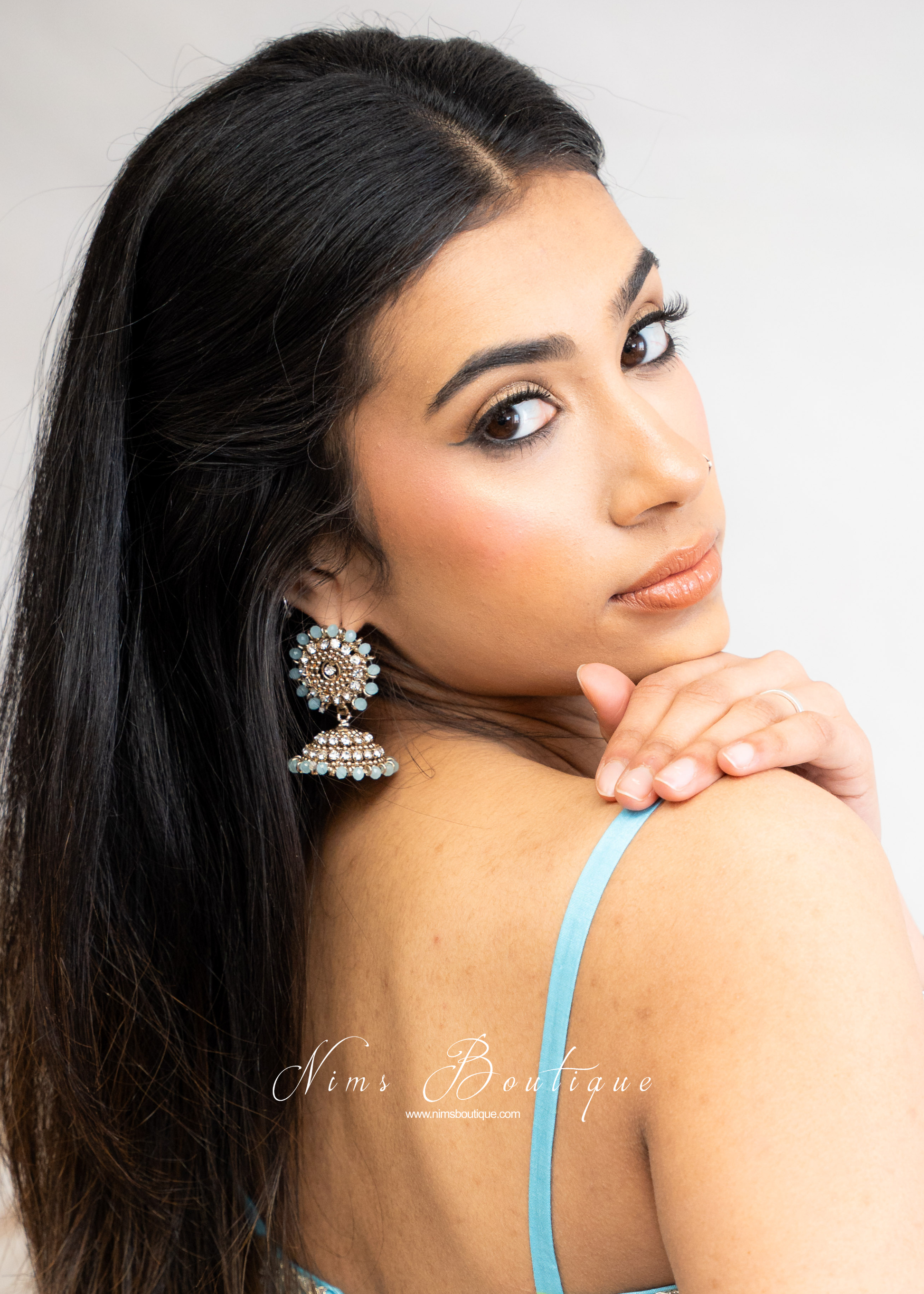 Chandni Royal Antique Gold & Light Blue Jhumka earrings