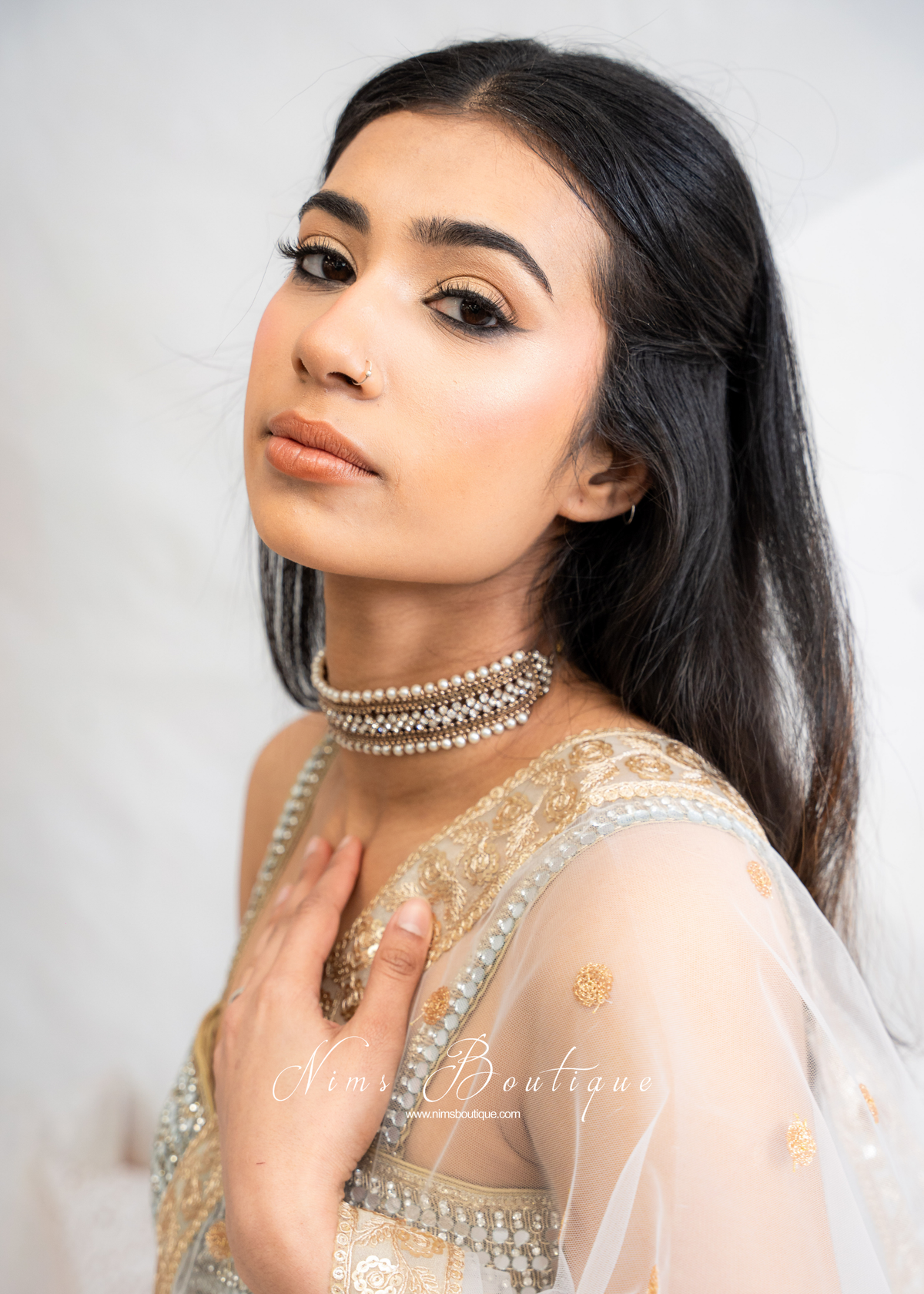 Celina Pearl & Antique Gold Choker with Clear Stone