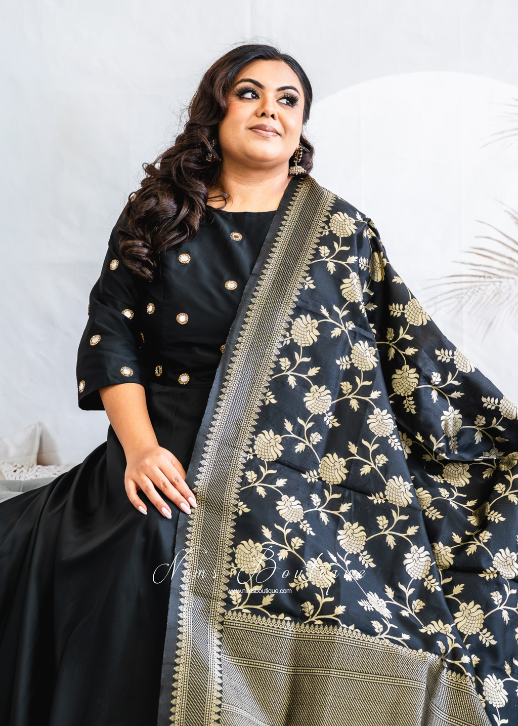 Black Floral Silk Banarsi Dupatta/Chunni (BN2)