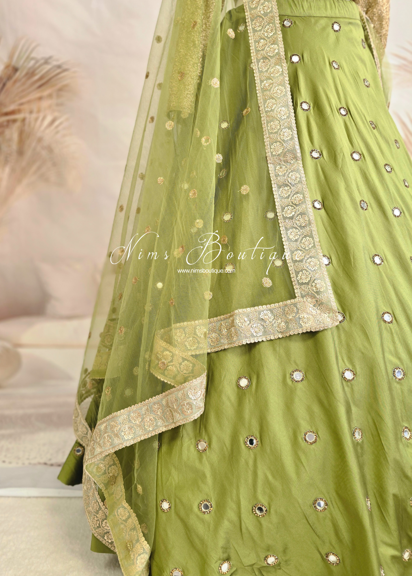 Rani Luxury Silk Mehndi Green Mirror readymade skirt/lehnga (sizes 8-20)