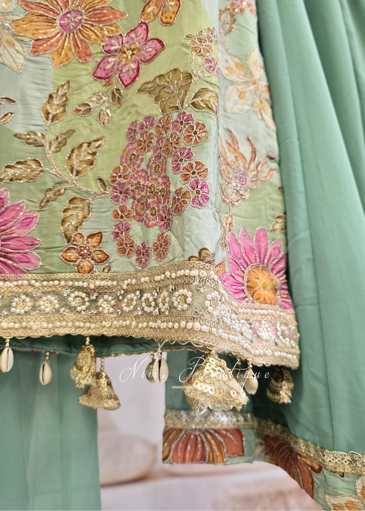 Dusky Mint Floral Thread Embroidered Sharara Suit (size 18-20)