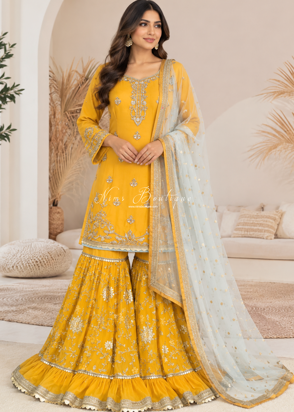 Mustard & Light Blue Gharara Suit (size 10-12)