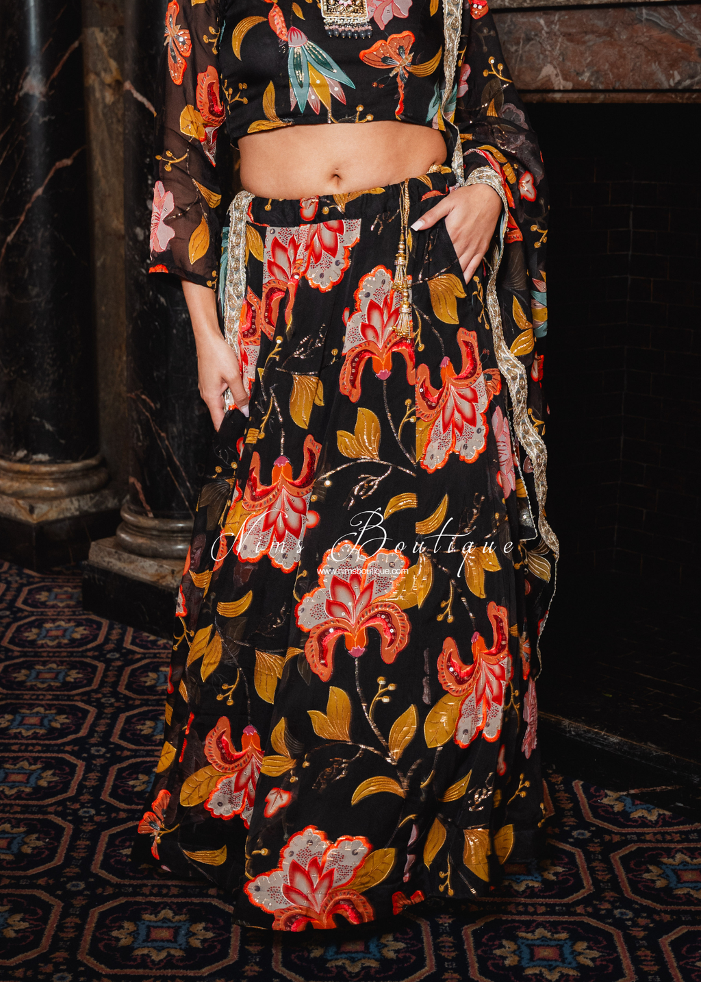 Evelina Black & Orange Floral readymade skirt/lehnga (size 6-24)