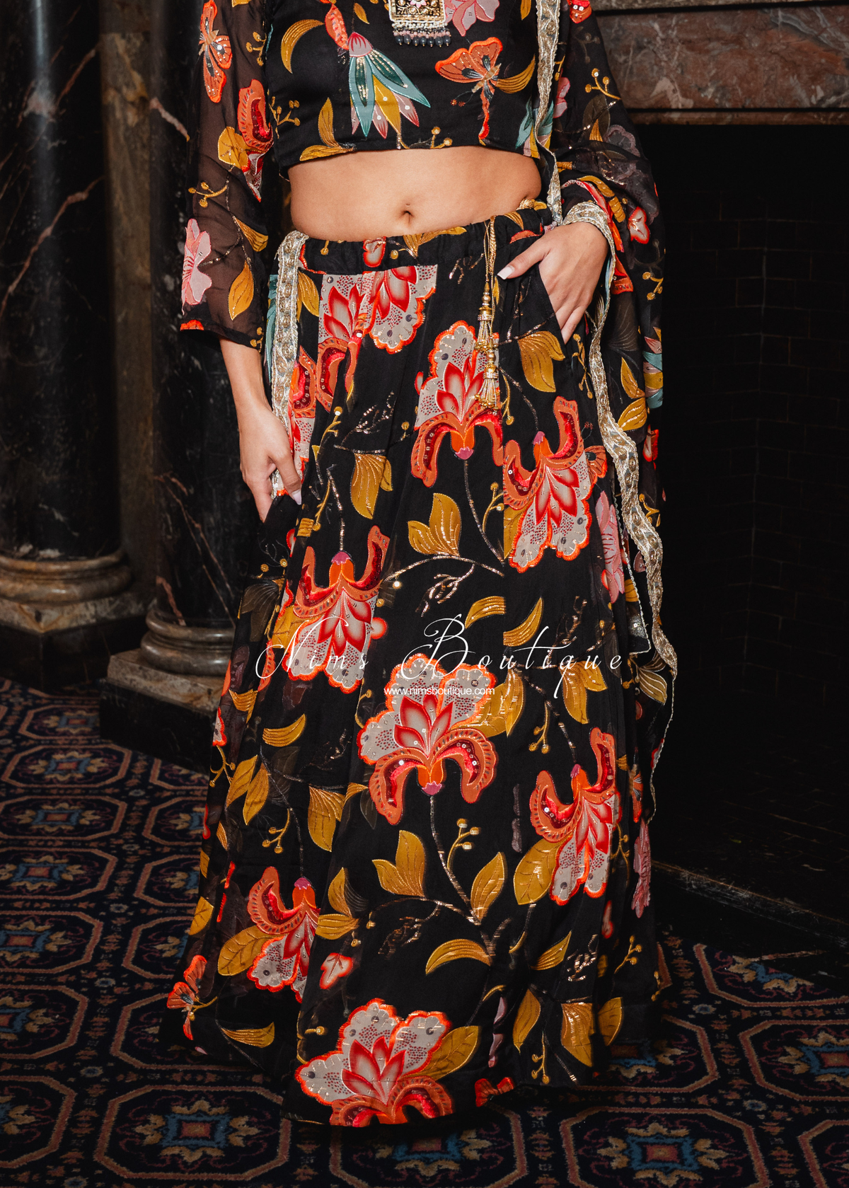 Evelina Black & Orange Floral readymade skirt/lehnga (size 6-24)