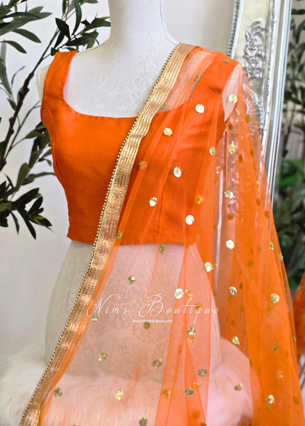 NB Orange Net Sequin Dupatta/Chunni (Bead edging)