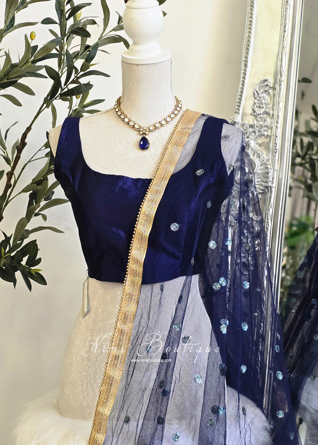 NB Navy Net Sequin Dupatta/Chunni (Bead edging)