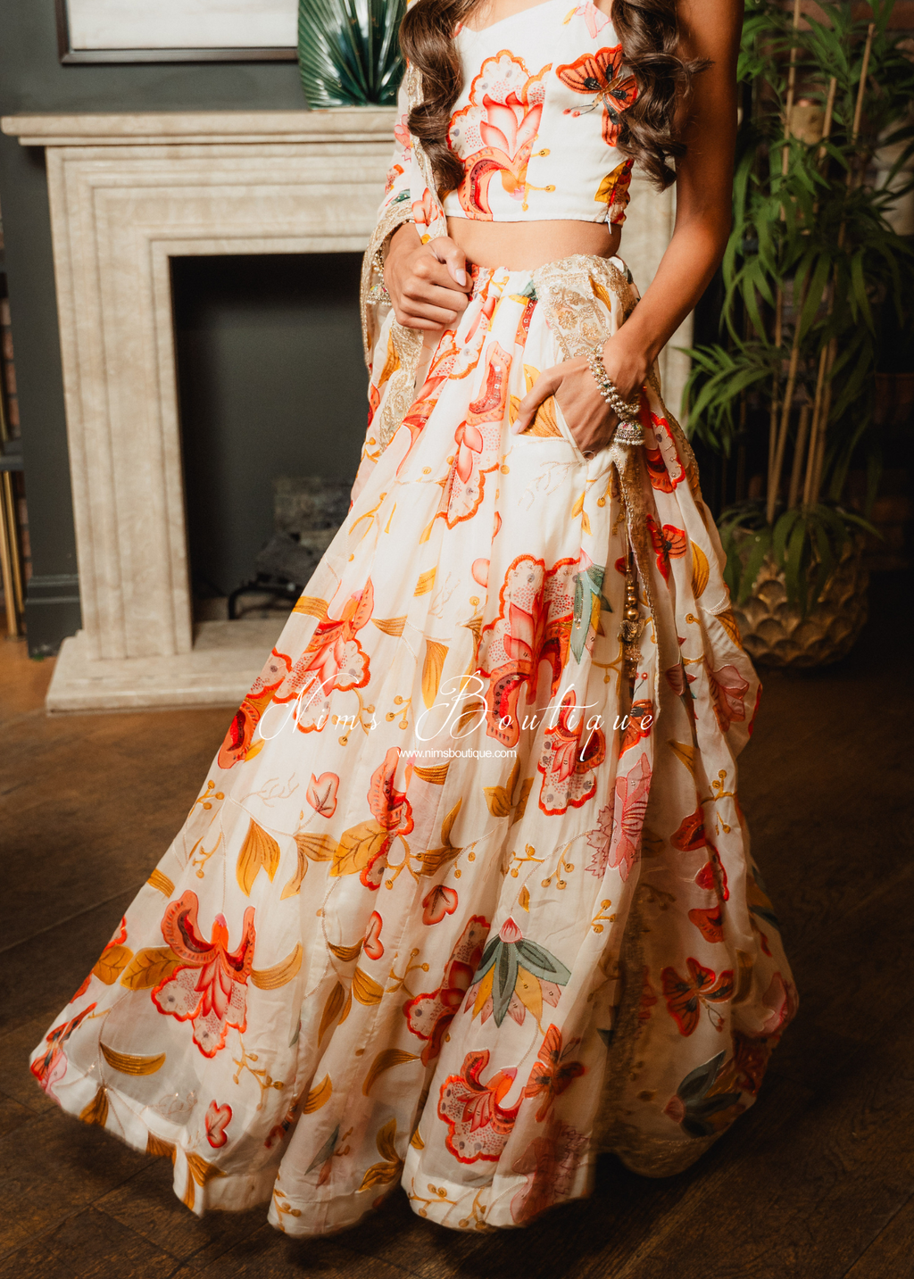 Evelina Ivory & Orange Floral readymade skirt/lehnga (size 8-12)