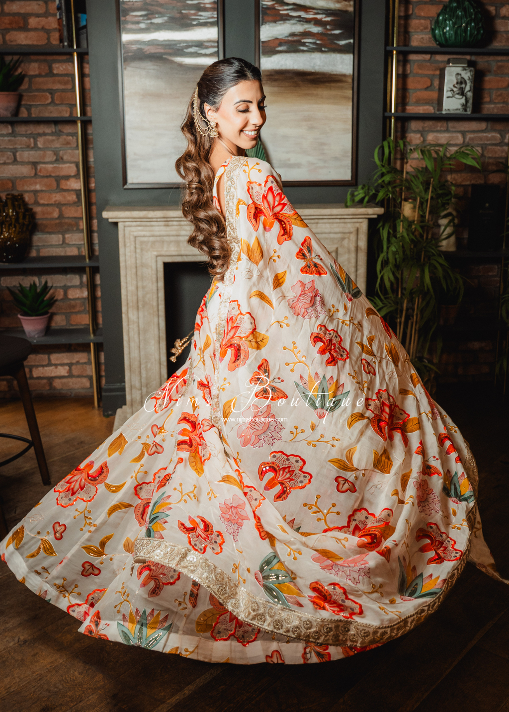 Evelina Ivory & Orange Floral readymade skirt/lehnga (size 8-12)