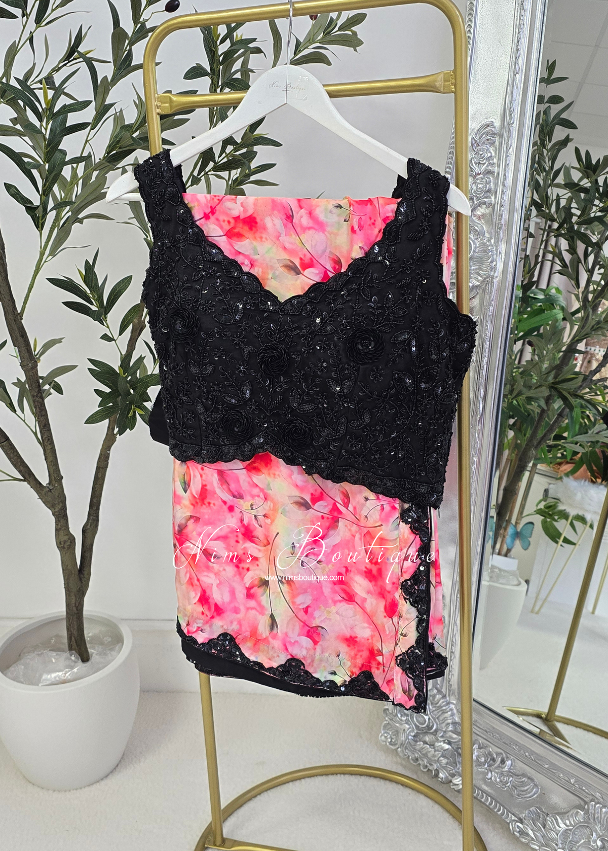 Luxury Black Beaded & Satin Floral Saree