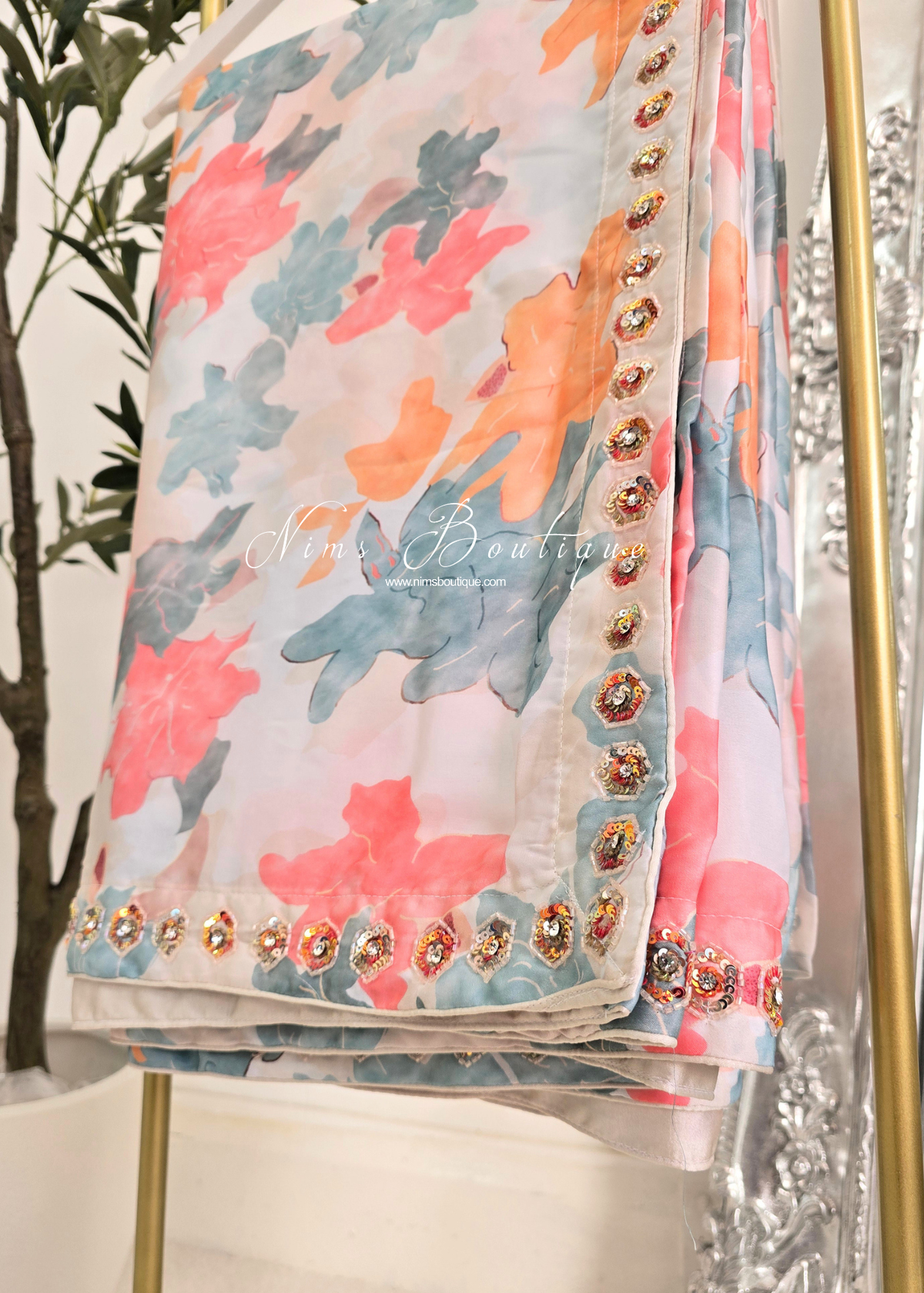 Luxury Ivory & Grey Beaded & Satin Floral Saree