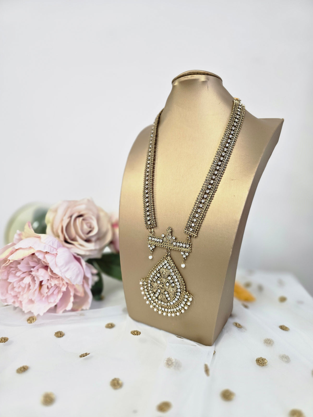 Waheeda Antique Gold & Pearl long necklace