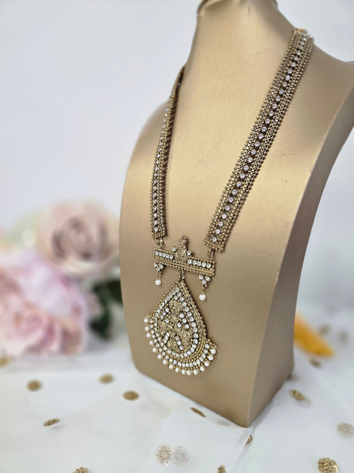 Waheeda Antique Gold & Pearl long necklace