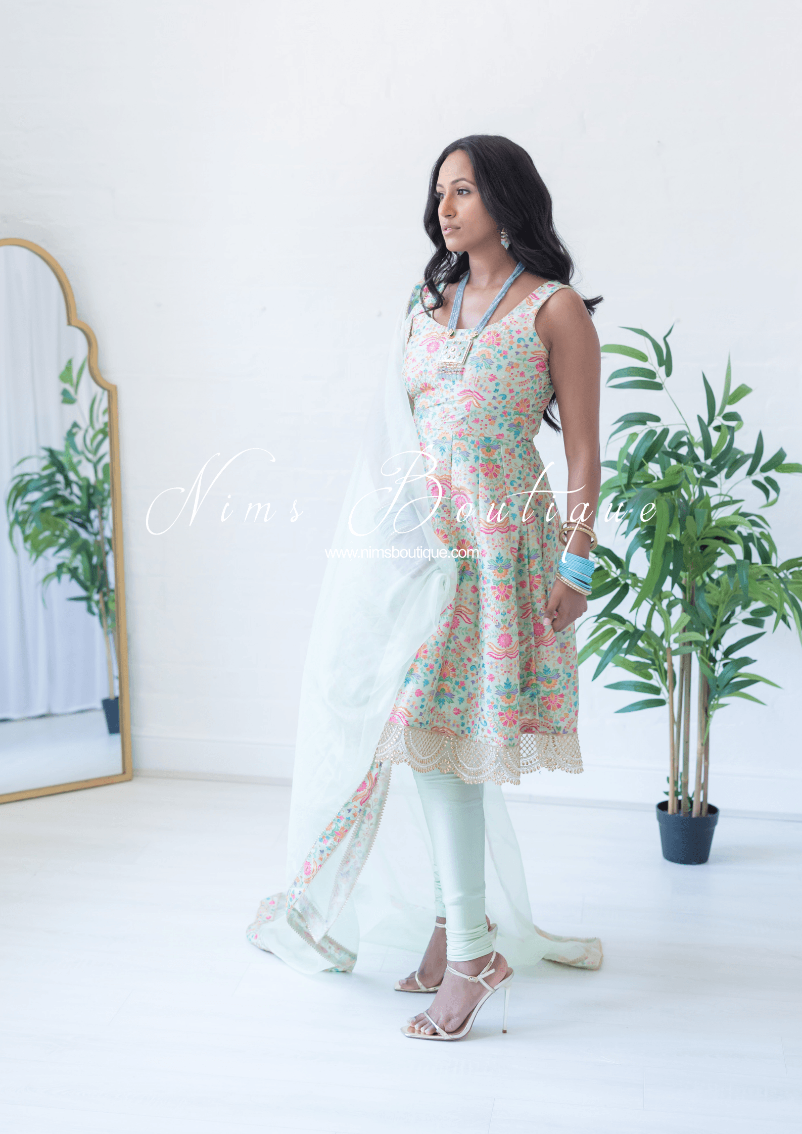 Nims Boutique Mia Mint Green & Multicolour Frock Pajami Suit sizes 4-22