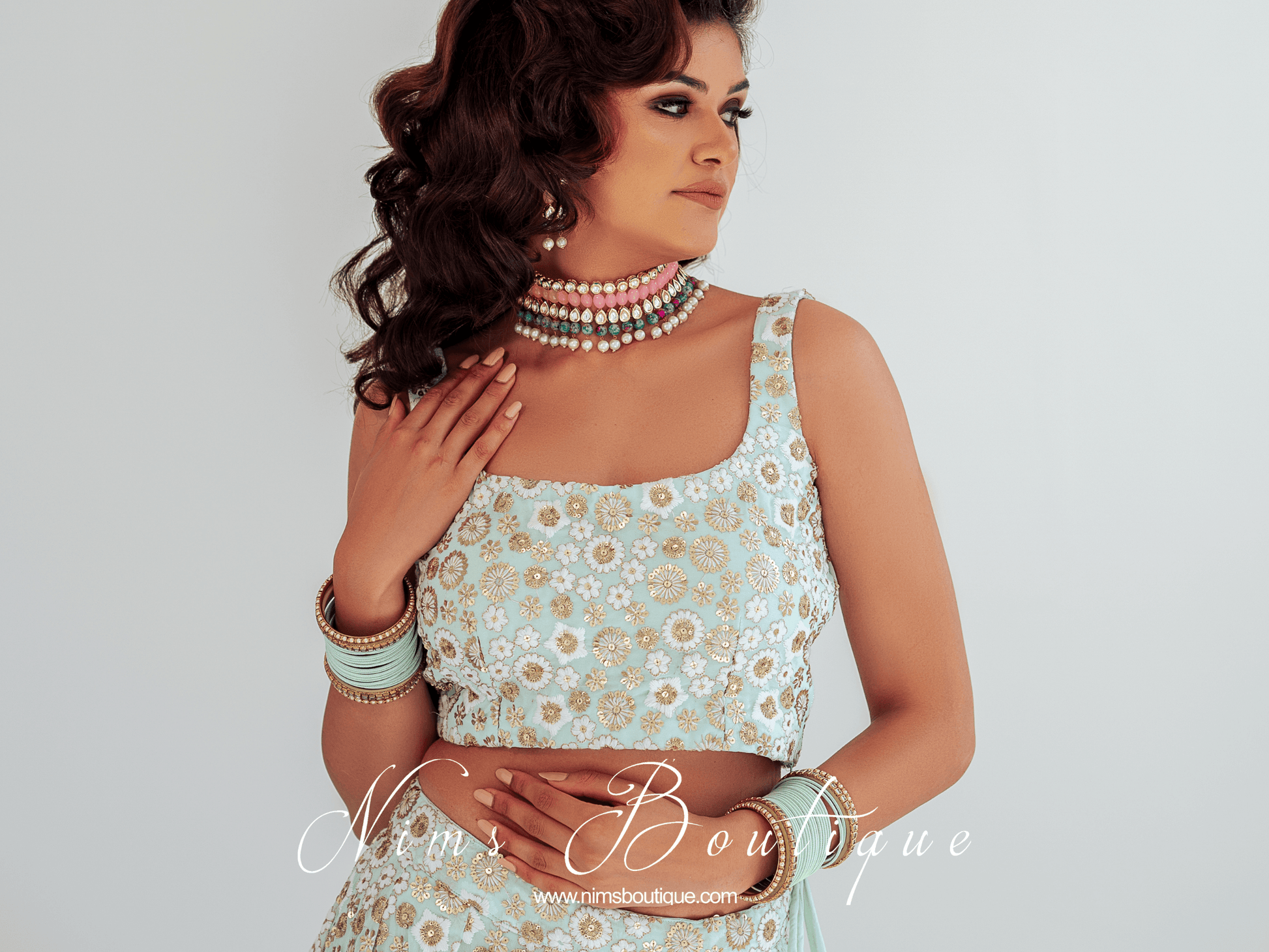 Nims Boutique Pavan Pastel Pink Kundan & Green Floral Bead Choker Set