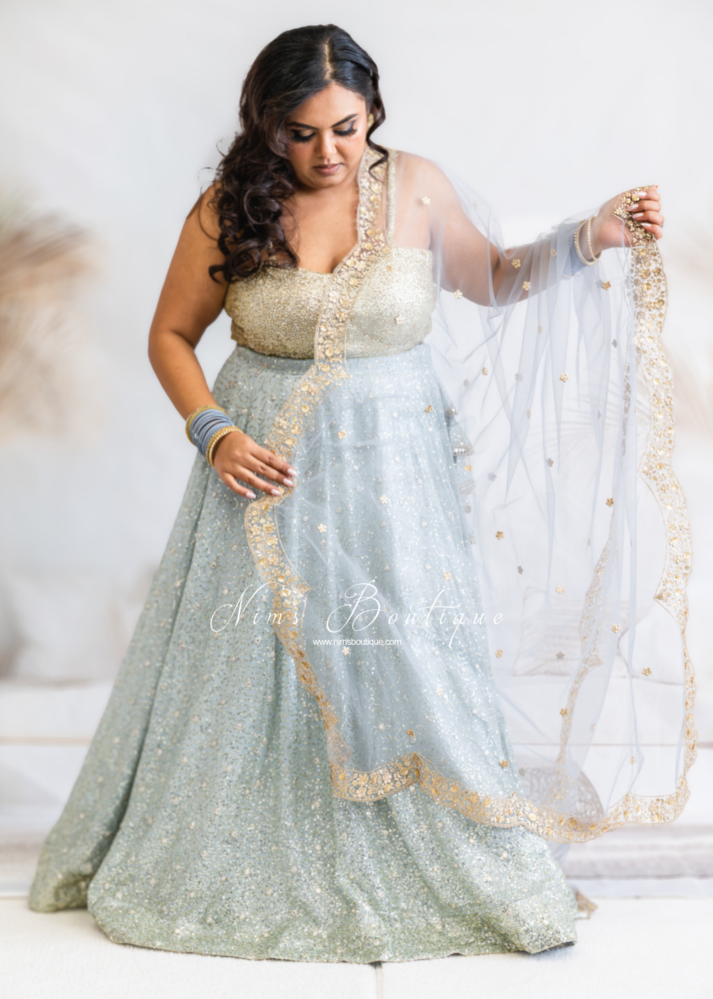 Luxury Grey Net Sequin Scallop Edge Dupatta/Chunni (SE1)