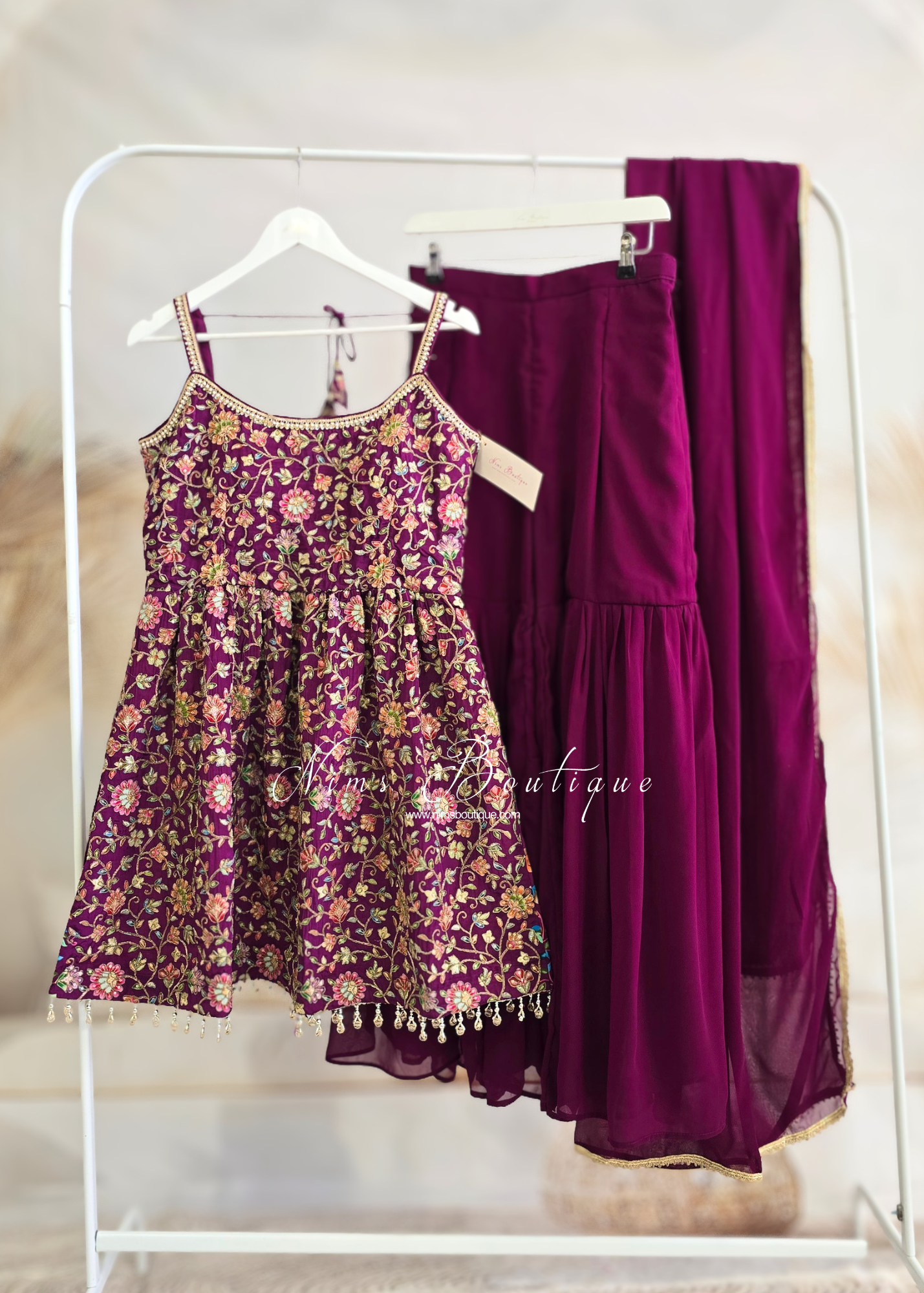 Plum Purple Frock Thread Embroidered Gharara Suit (size 12)
