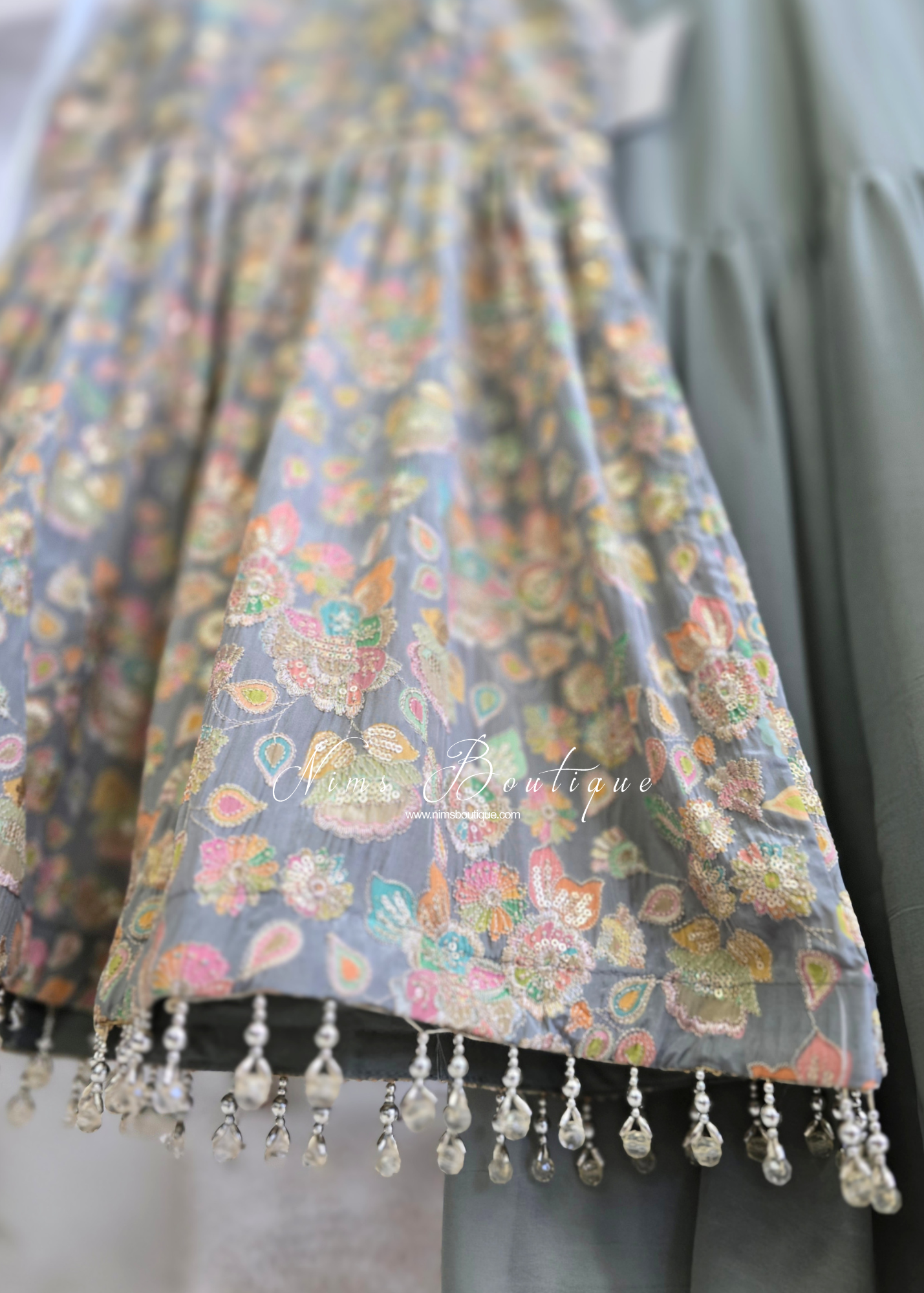 Grey Pastels Frock Thread Embroidered Gharara Suit (size 12)