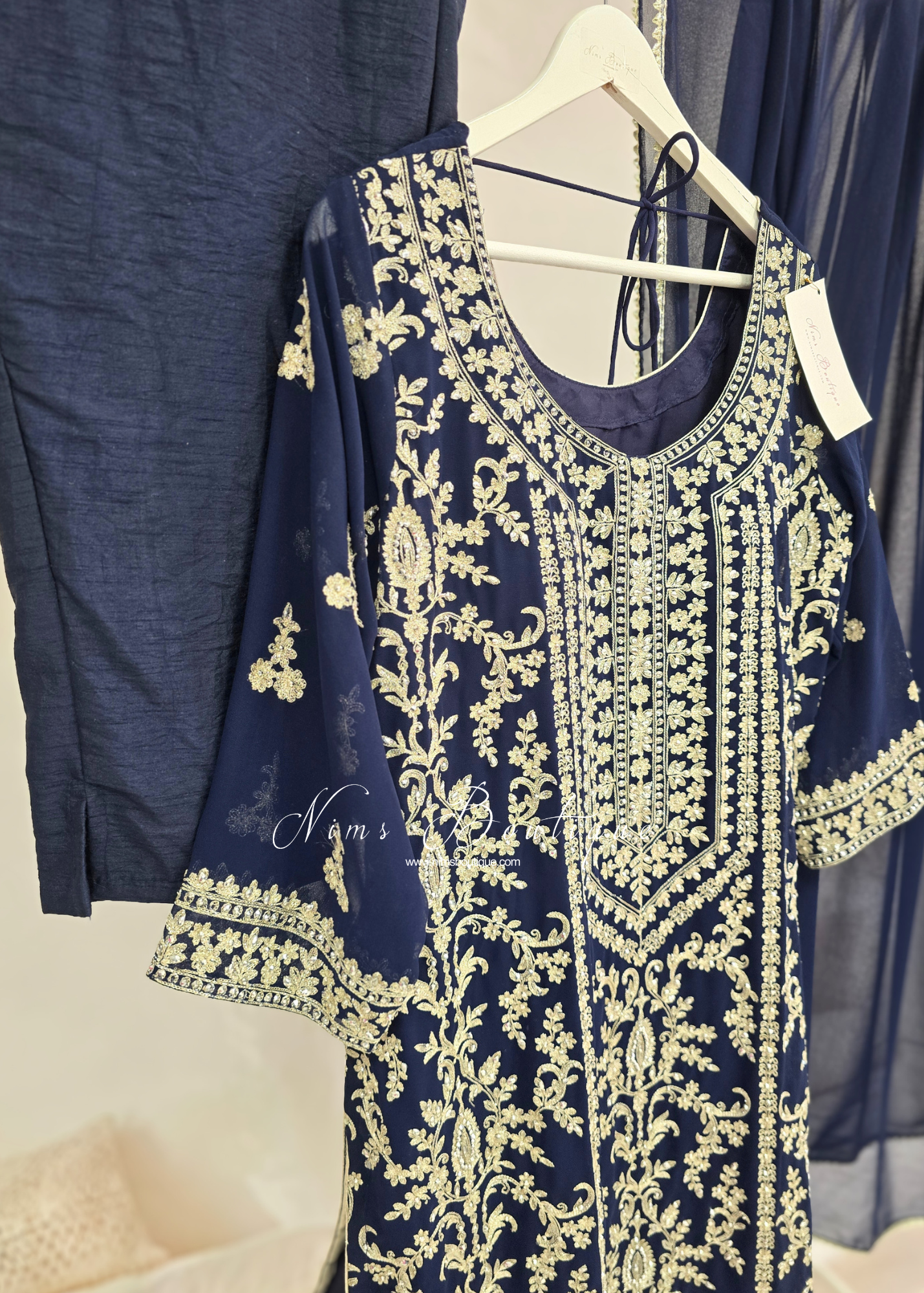 Navy Embroidered Trouser Suit (size 16)