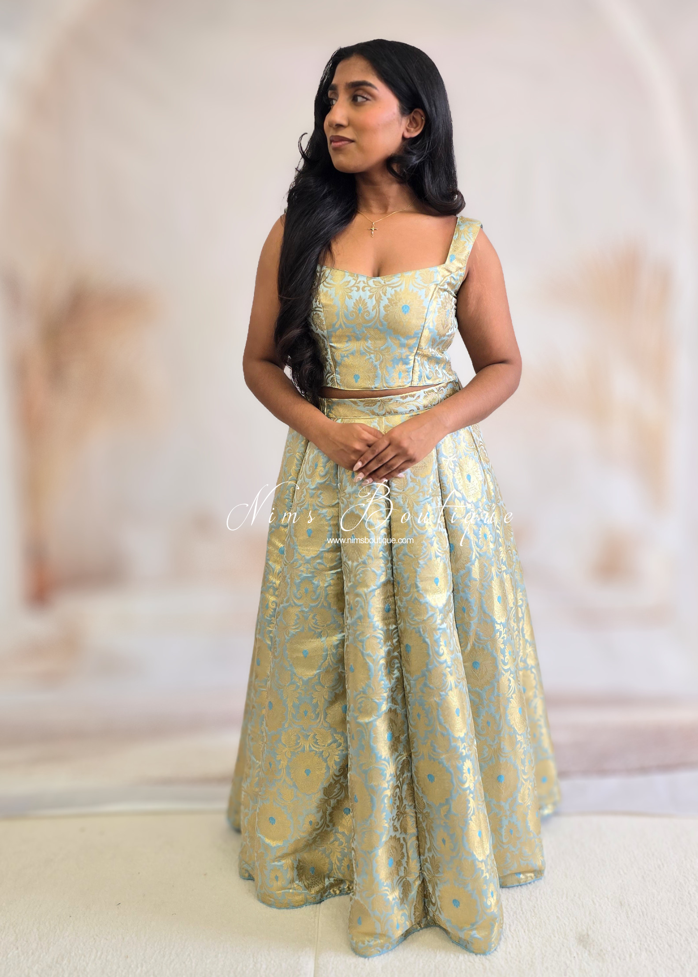 Powder Blue Brocade Sleeveless Blouse (4-16)