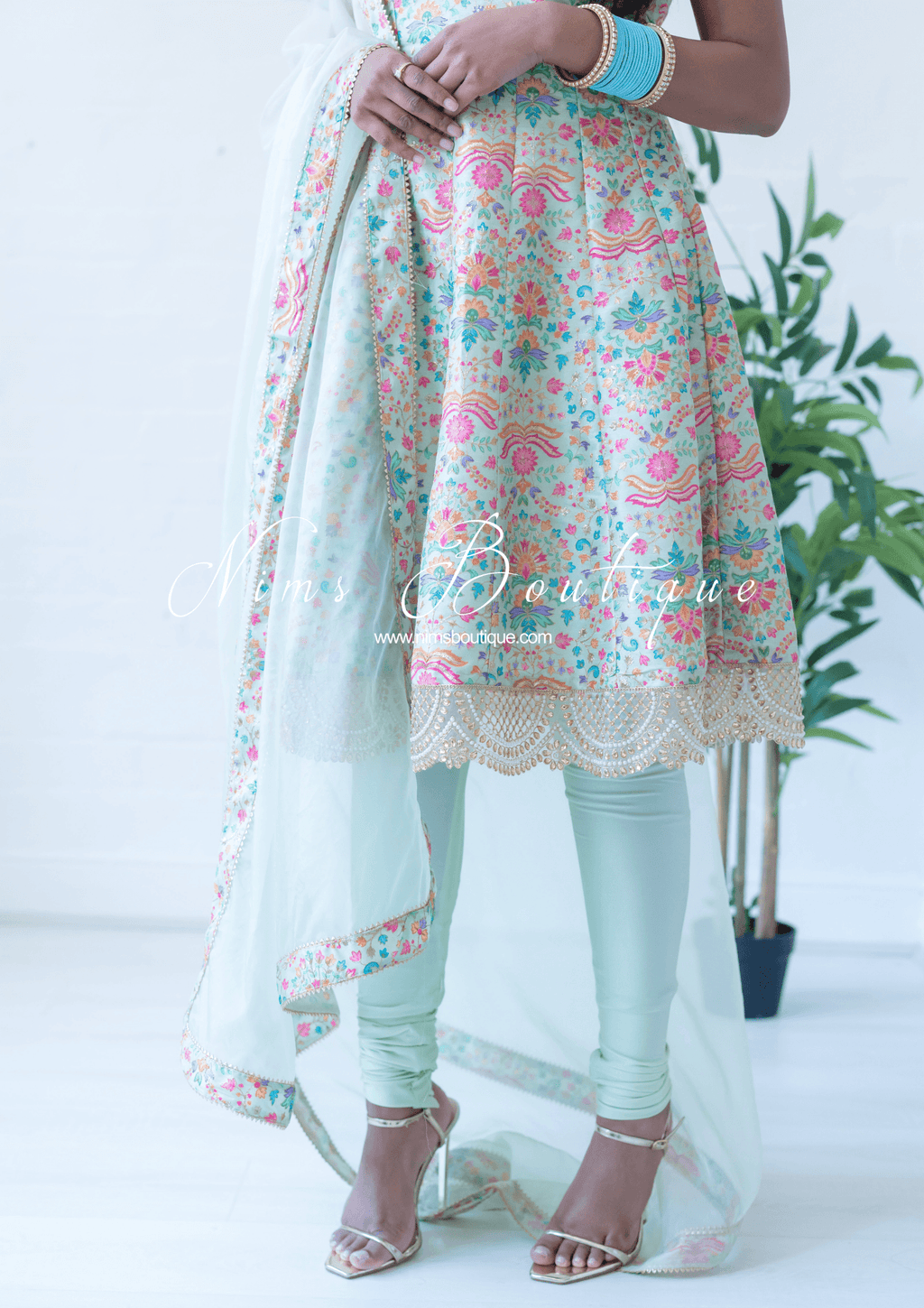 Nims Boutique Mia Mint Green & Multicolour Frock Pajami Suit sizes 4-22
