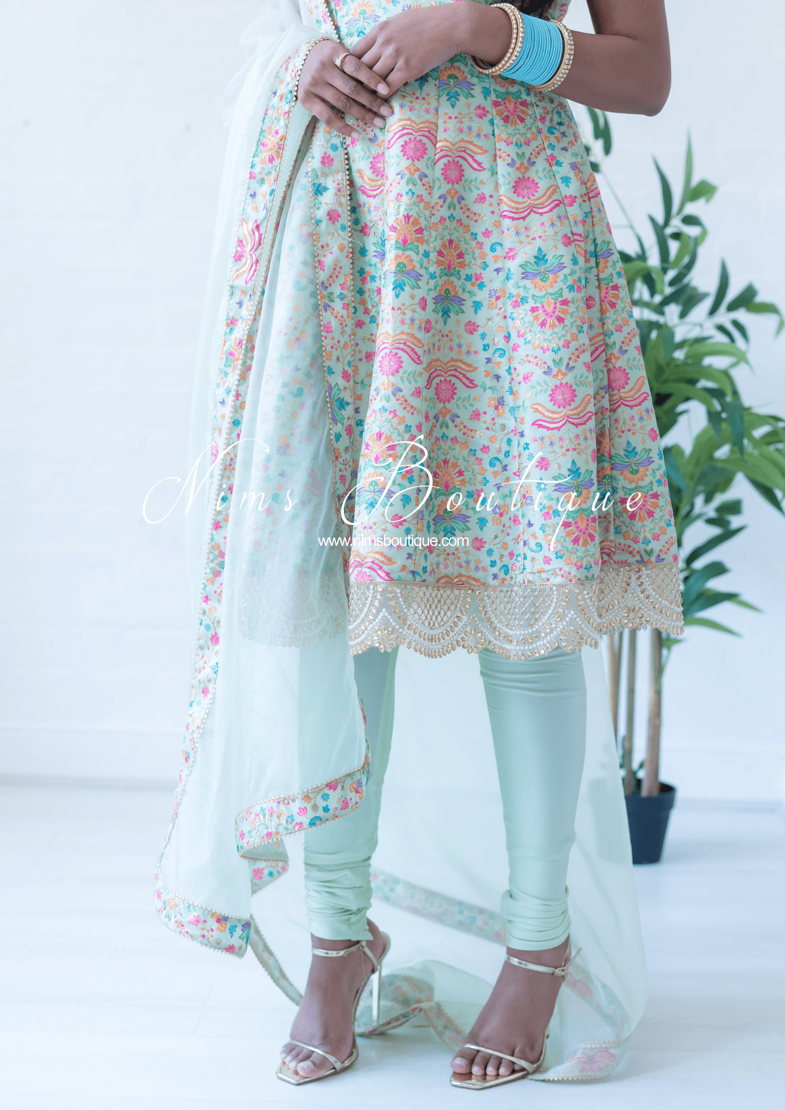 Nims Boutique Mia Mint Green & Multicolour Frock Pajami Suit sizes 4-22