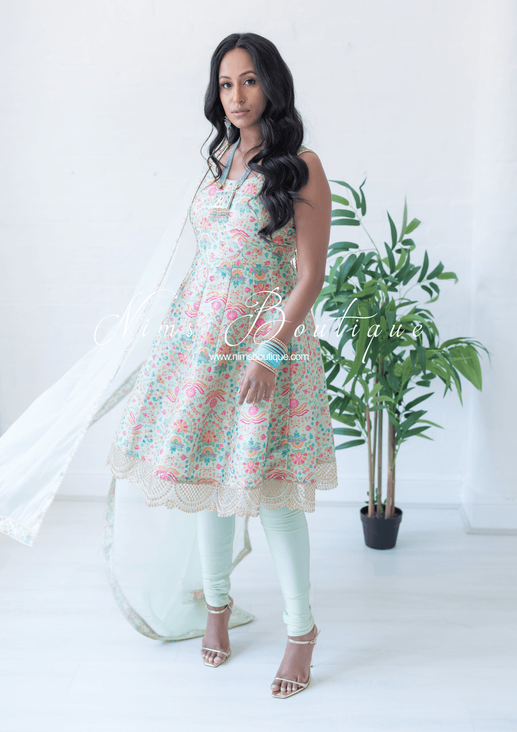 Nims Boutique Mia Mint Green & Multicolour Frock Pajami Suit sizes 4-22