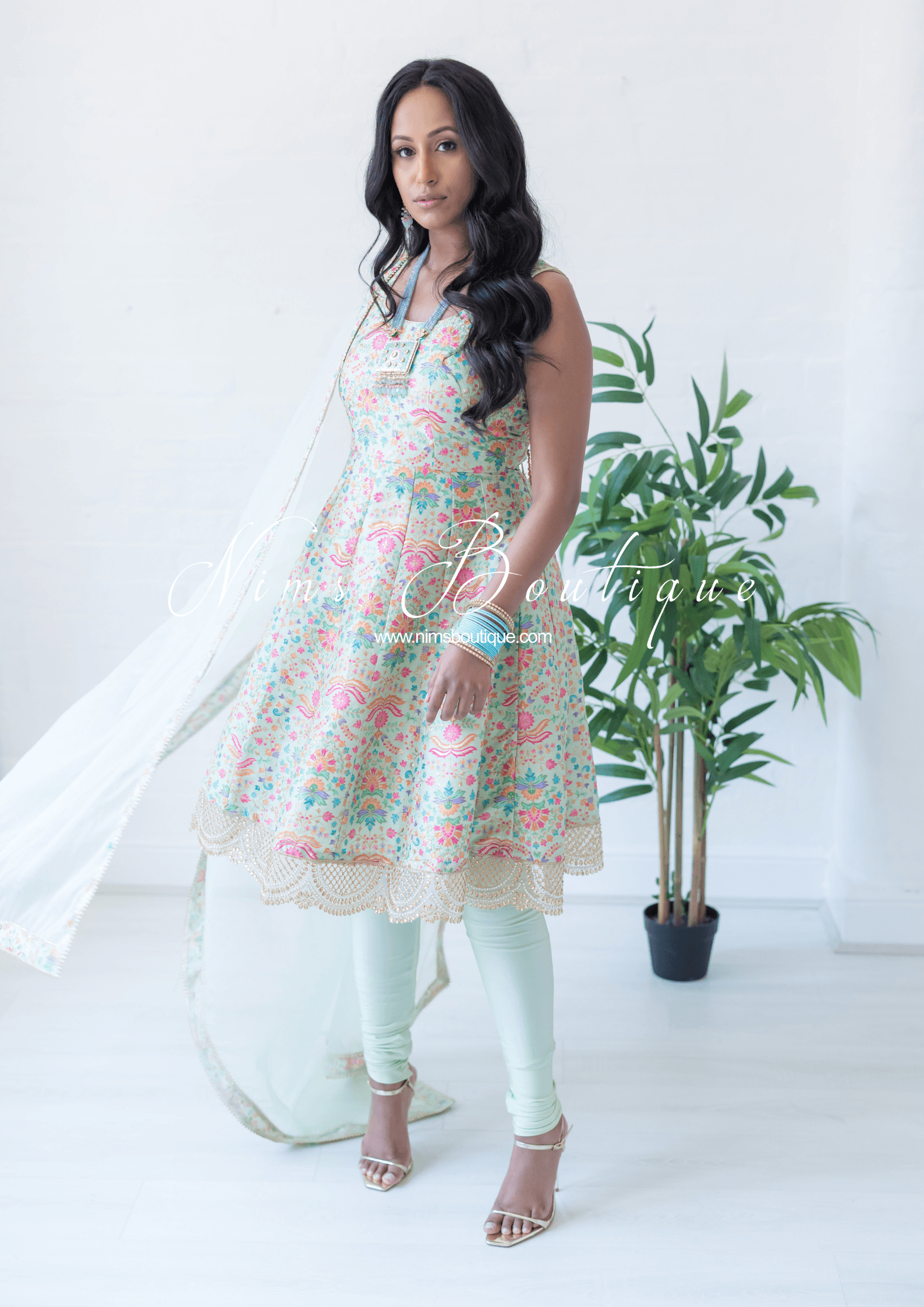 Nims Boutique Mia Mint Green & Multicolour Frock Pajami Suit sizes 4-22