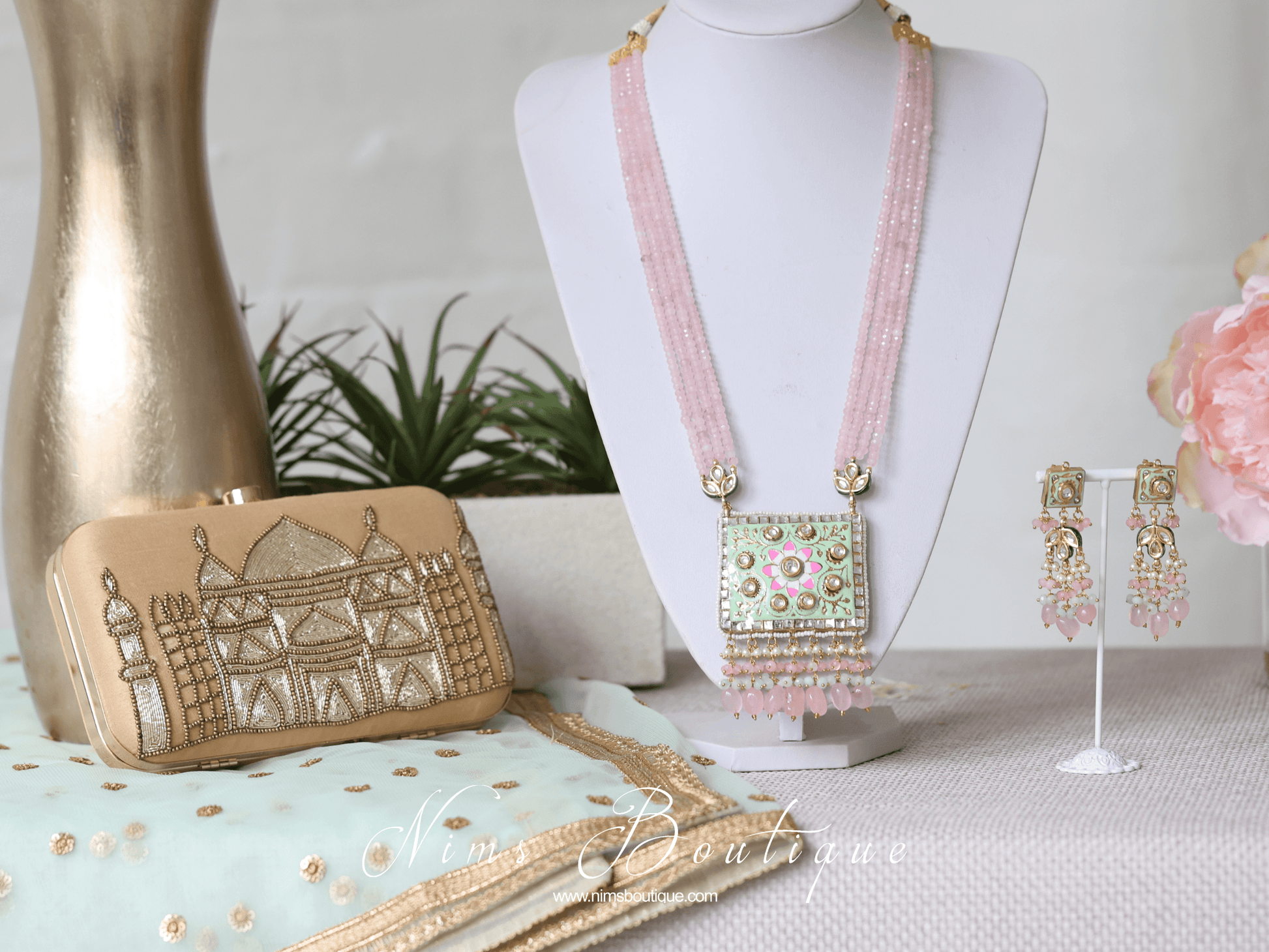 Nims Boutique Nishita Mint & Pink Meenakari Haar Set