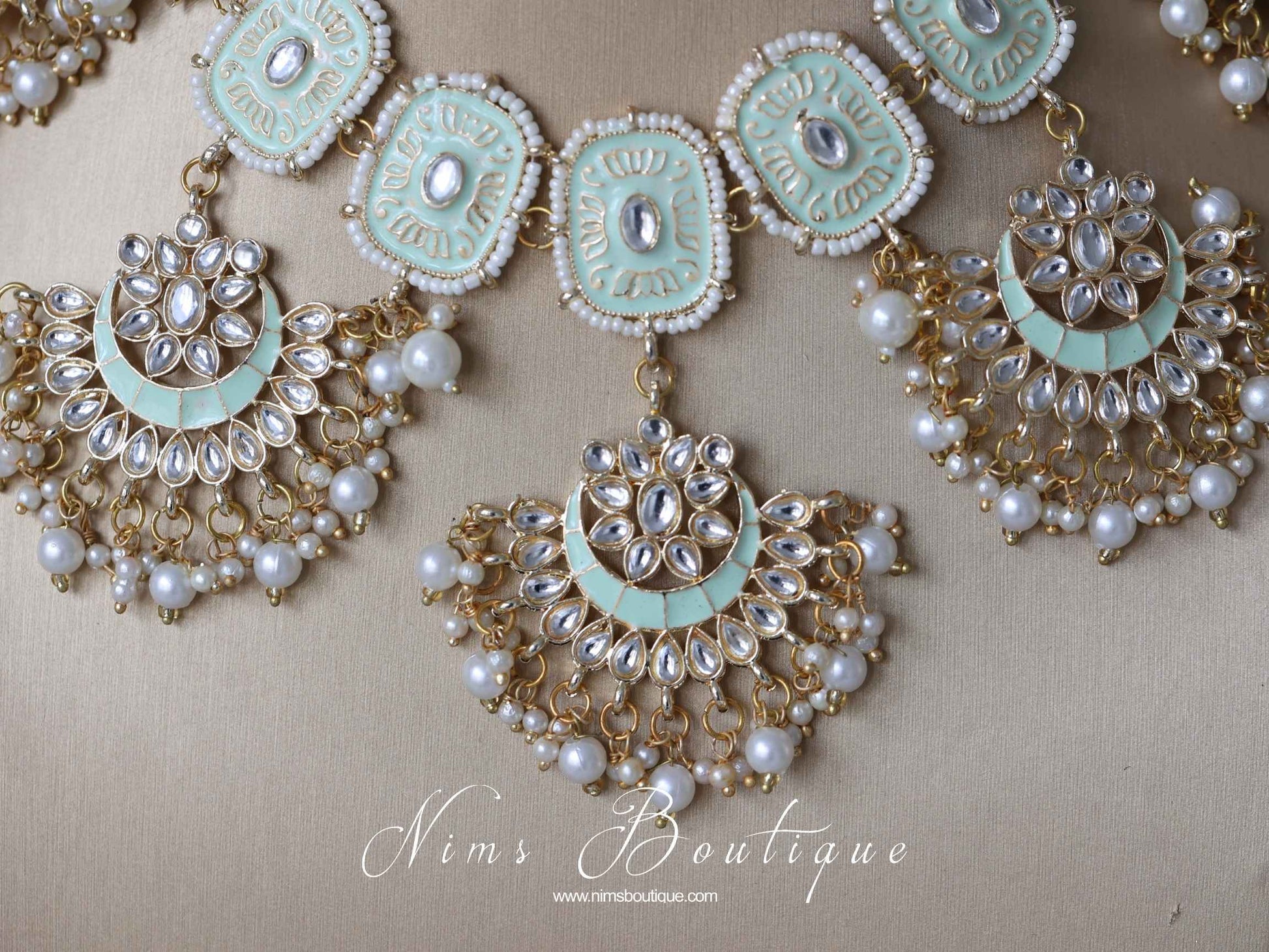 Nims Boutique Mishka Light Mint Green Blossom Meenakari Set