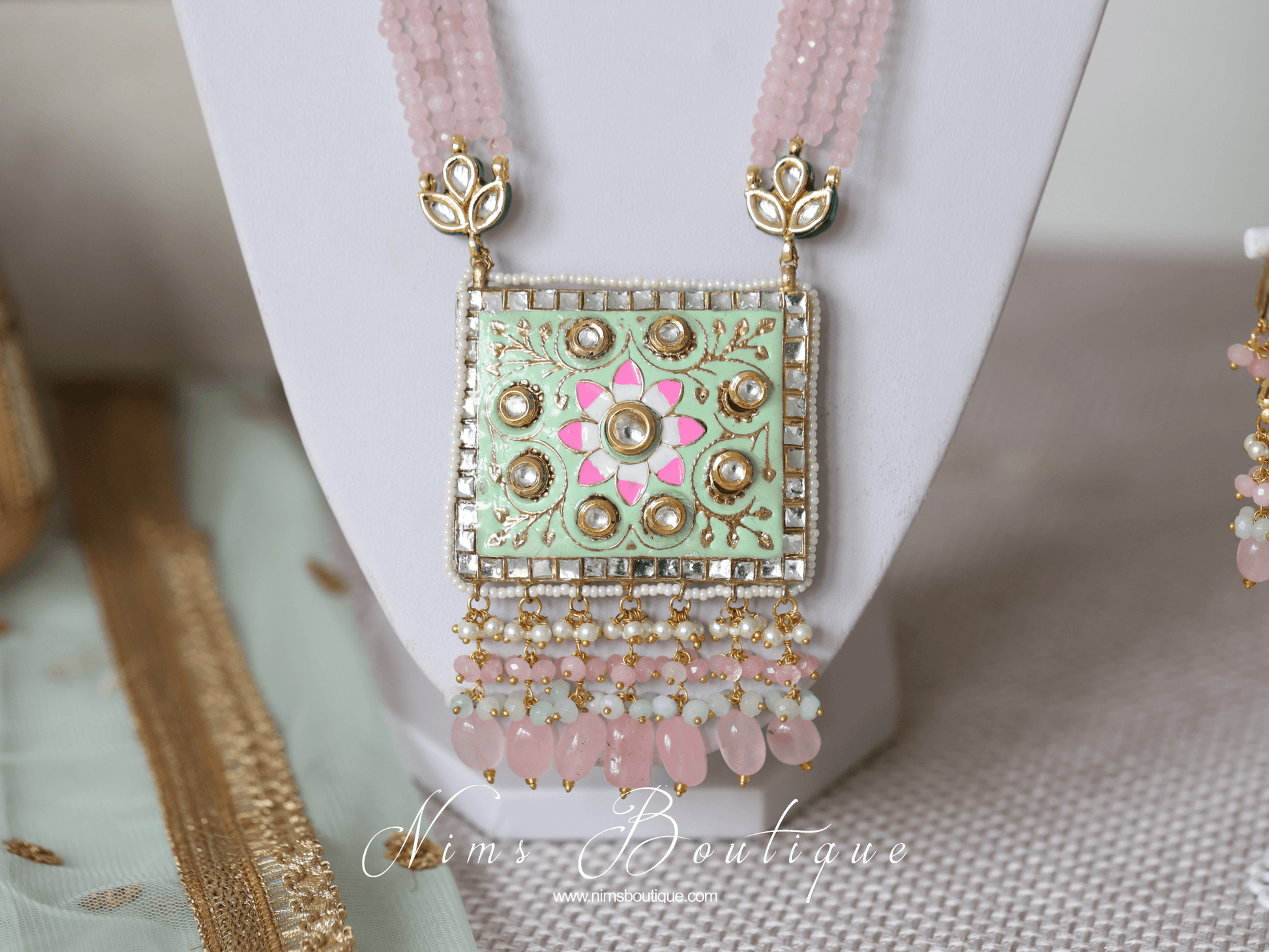 Nims Boutique Nishita Mint & Pink Meenakari Haar Set