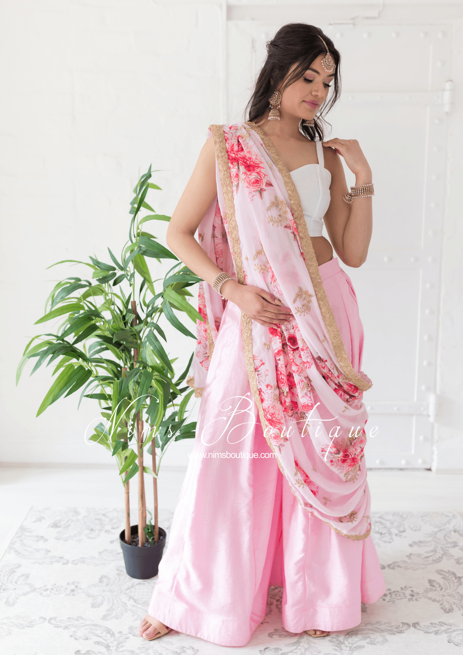 Nims Boutique La Floraison Pink Floral Georgette Dupatta/Chunni LFG4