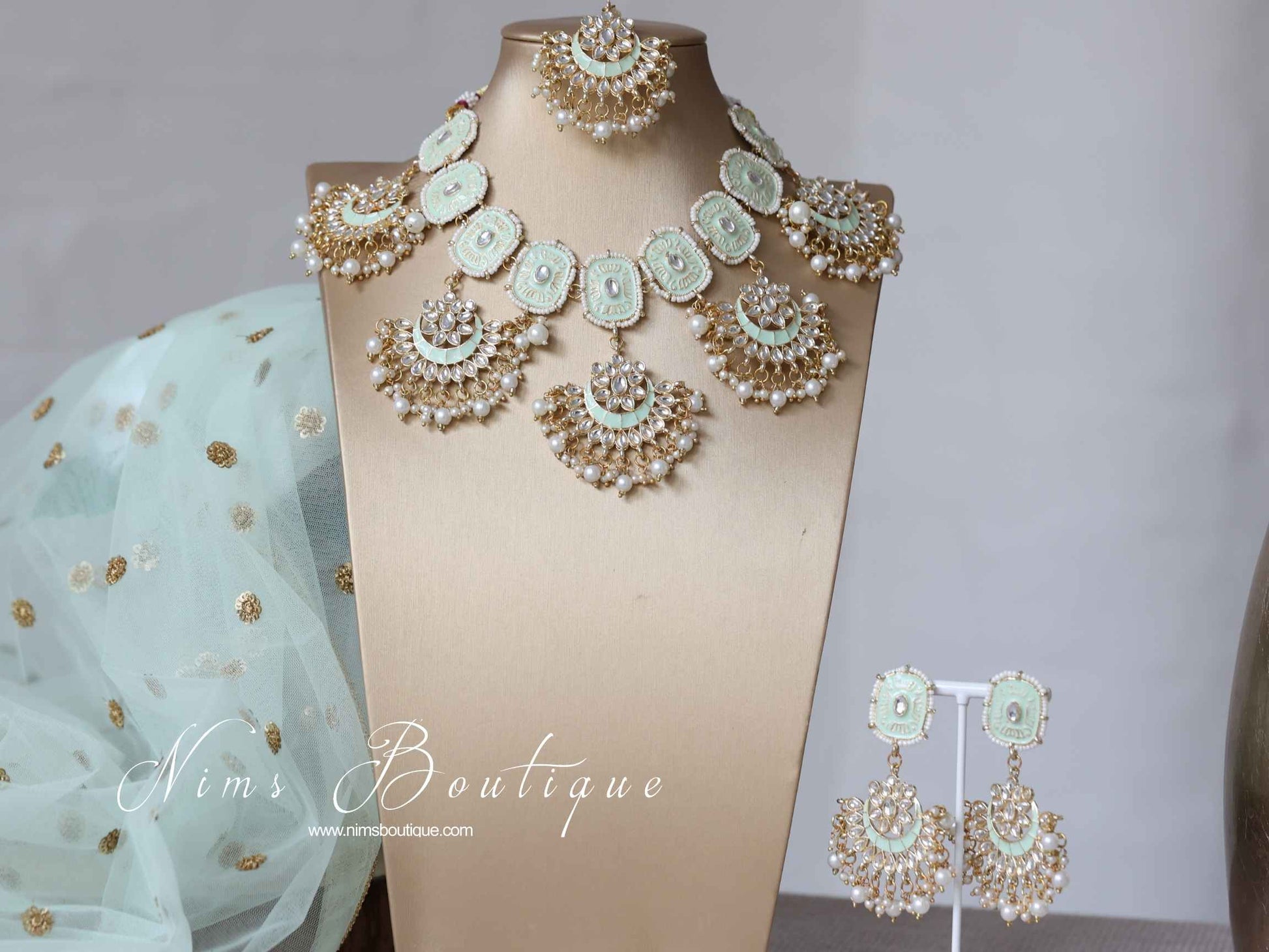 Nims Boutique Mishka Light Mint Green Blossom Meenakari Set
