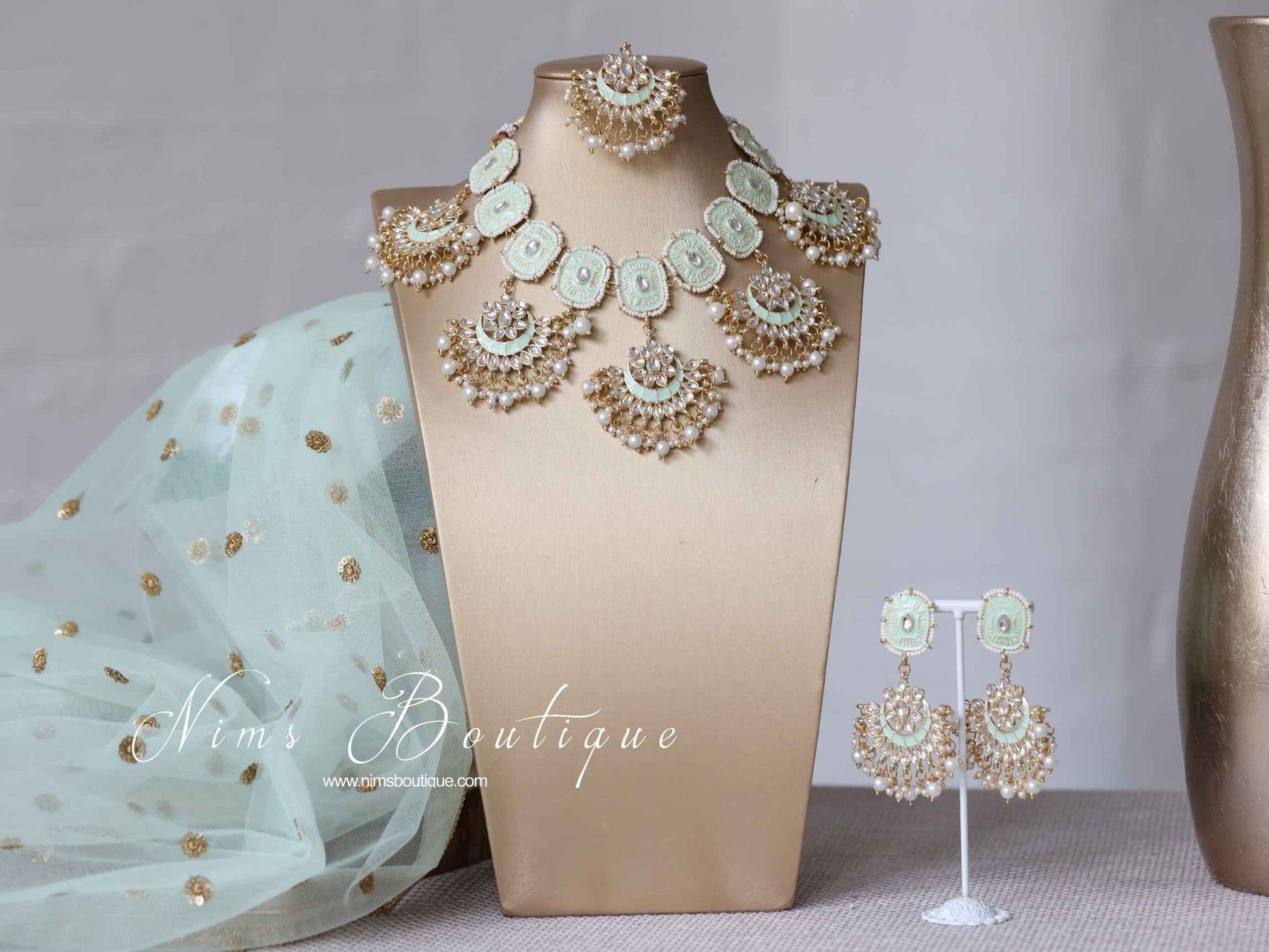 Nims Boutique Mishka Light Mint Green Blossom Meenakari Set