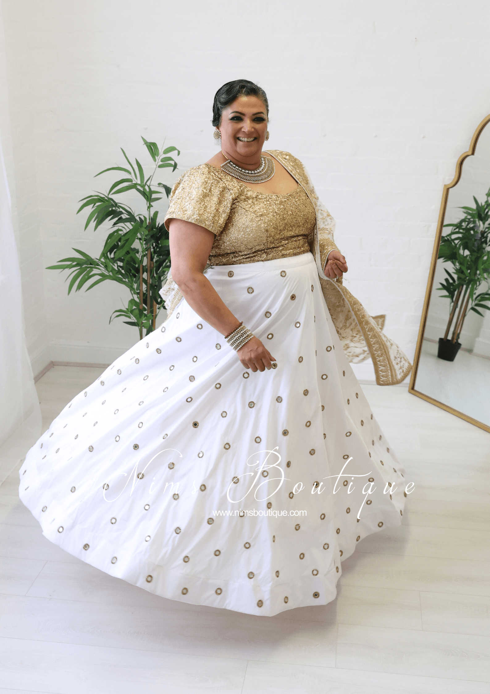 Nims Boutique Rani Luxury White Mirror readymade skirt/lehnga size 4-22