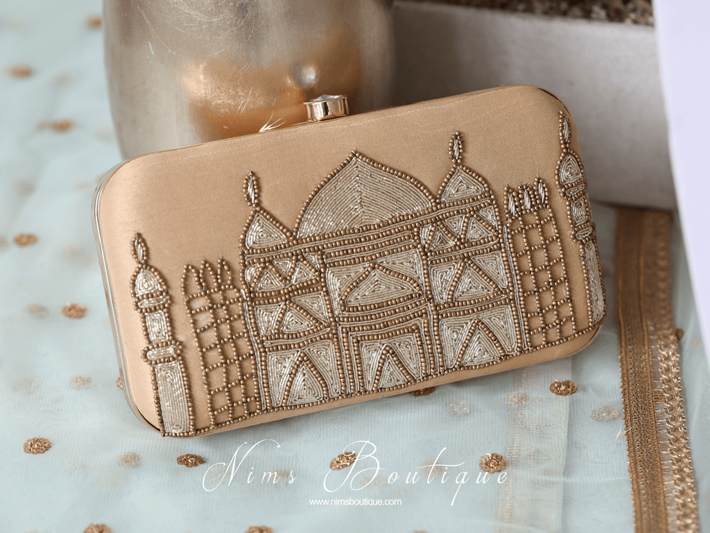 Nims Boutique Taj Gold Raw Silk Clutch Bag