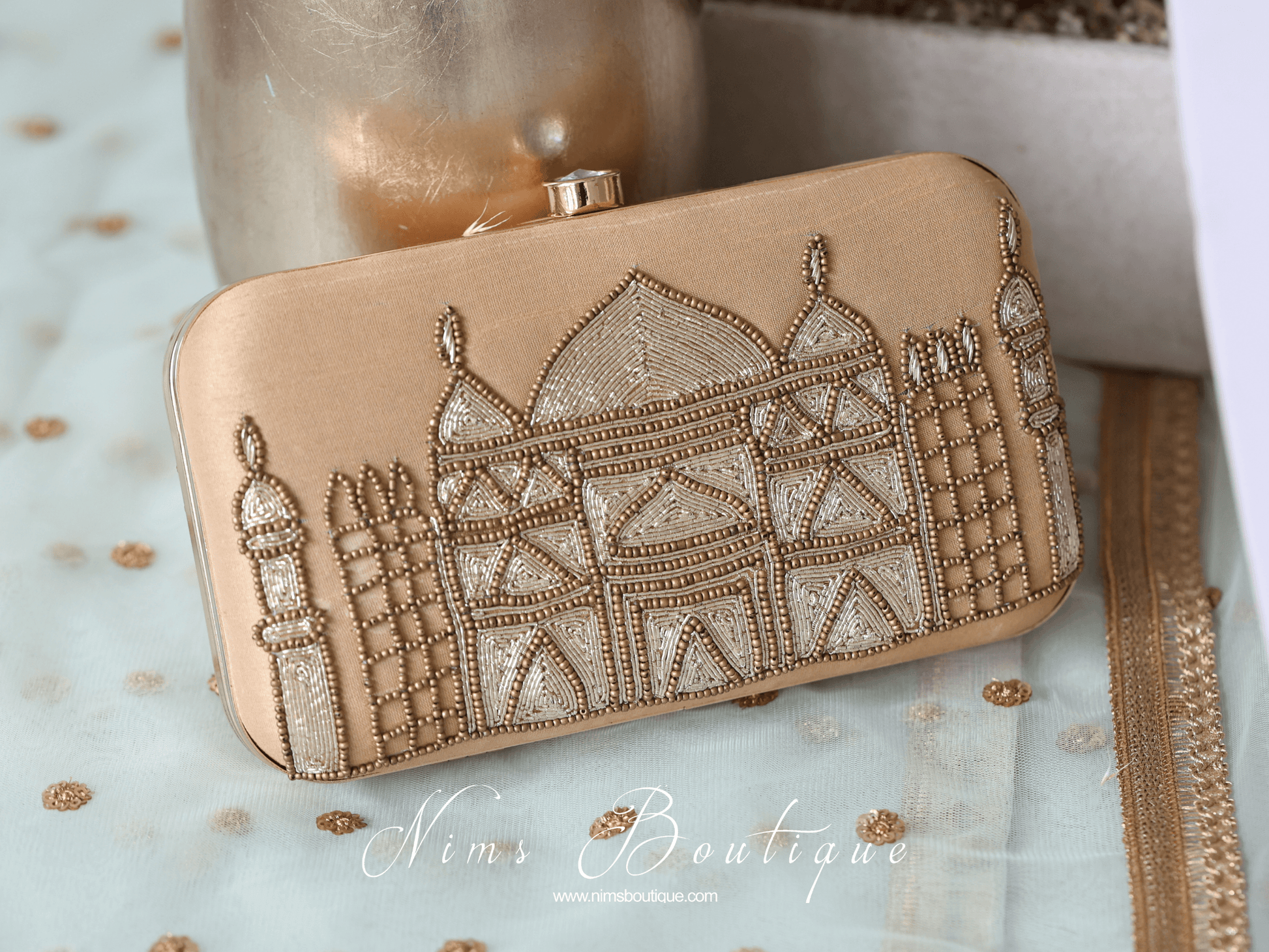 Nims Boutique Taj Gold Raw Silk Clutch Bag