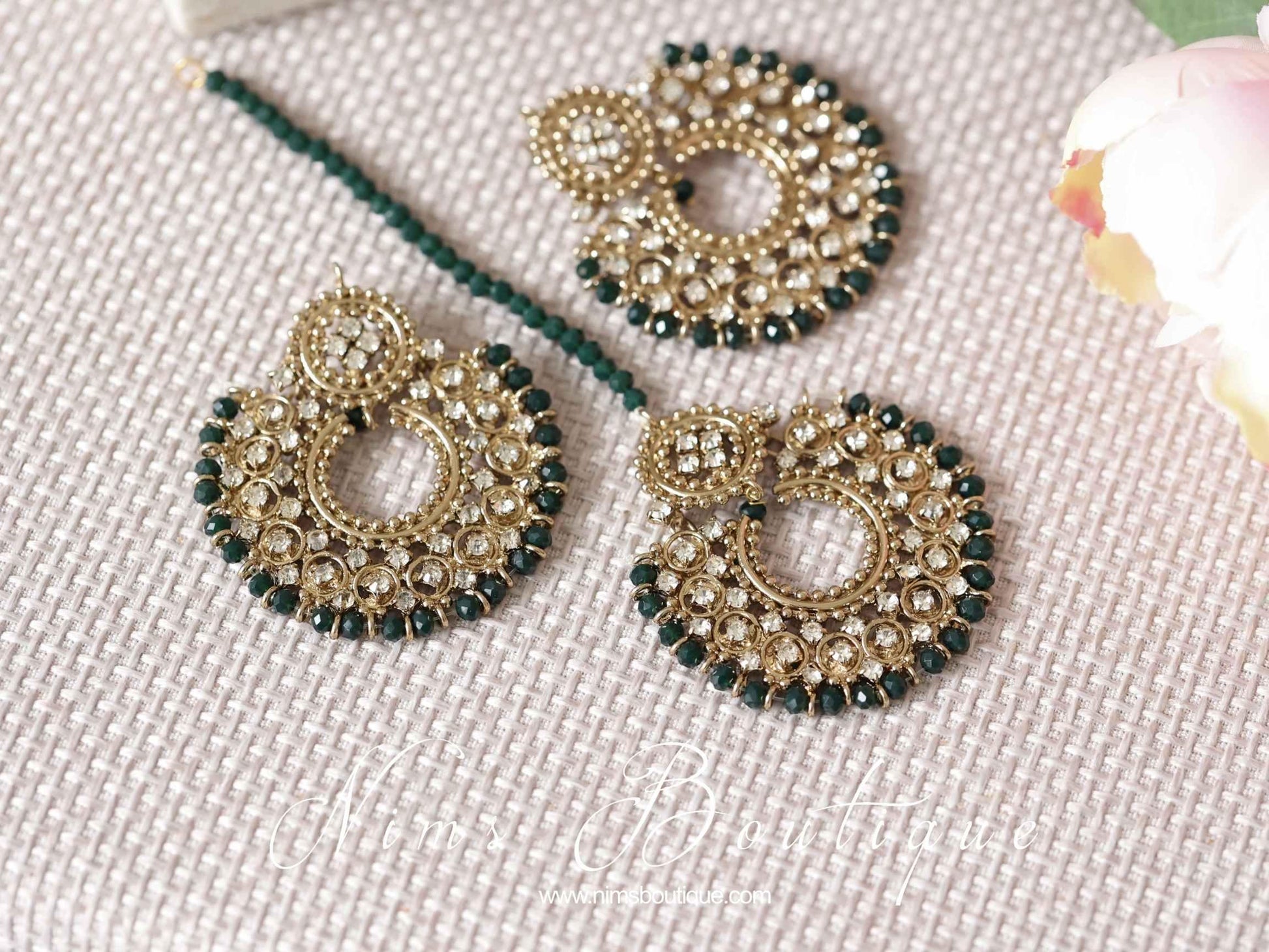 Nims Boutique Royal Antique Gold & Dark Teal Green Chand Tikka Set