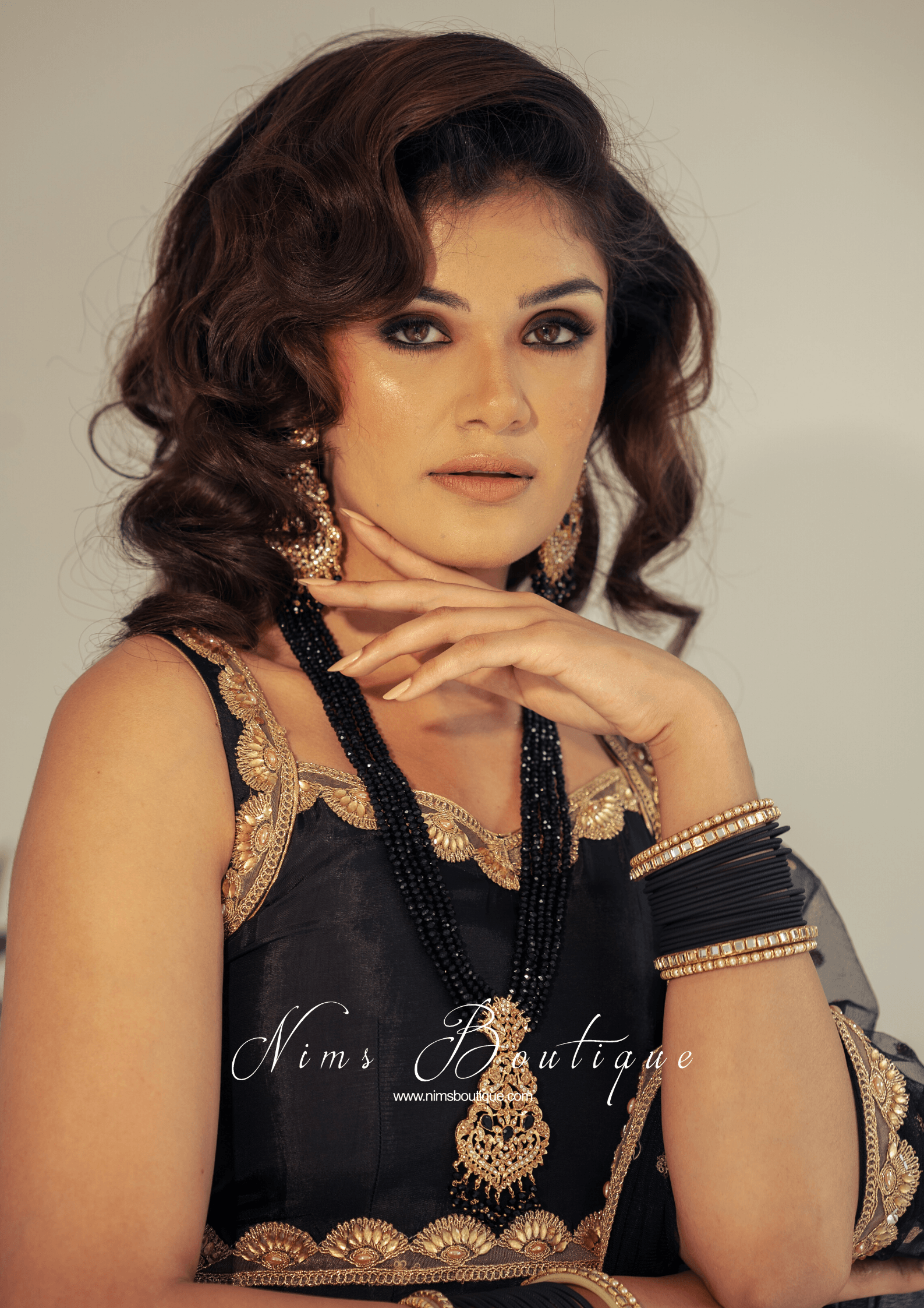 Nims Boutique Neena Black & Gold Long Necklace Set