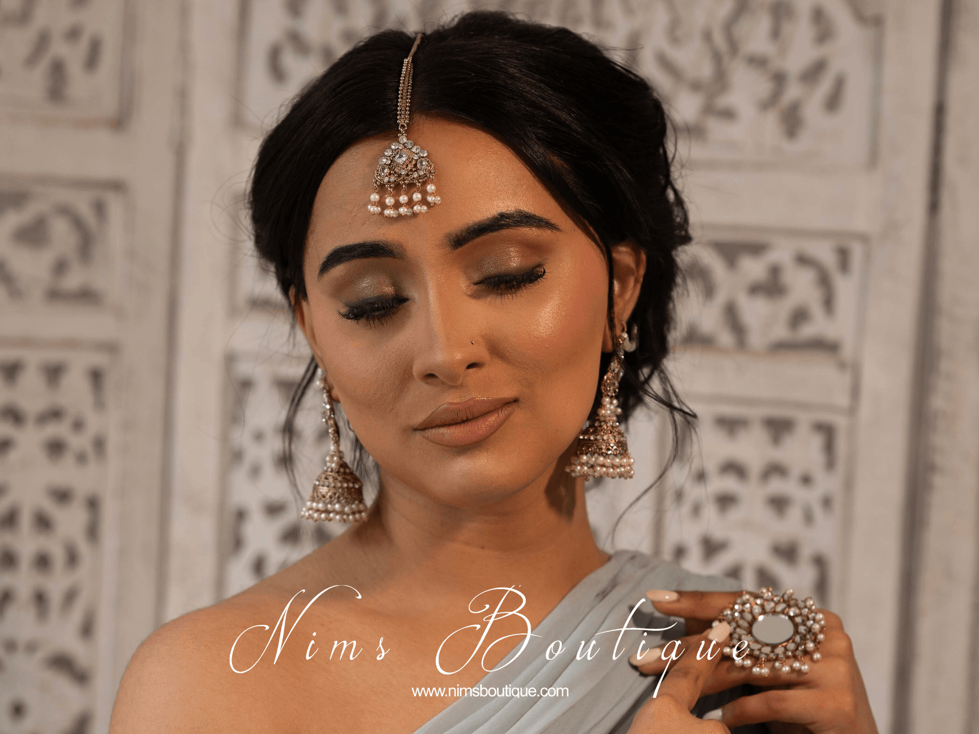 Nims Boutique Tamannah Royal Pearl Earrings & Tikka Set