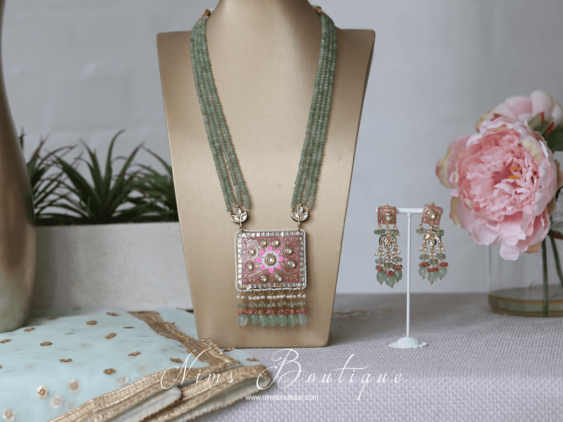 Nims Boutique Nishita Mint & Dusky Pink Meenakari Haar Set
