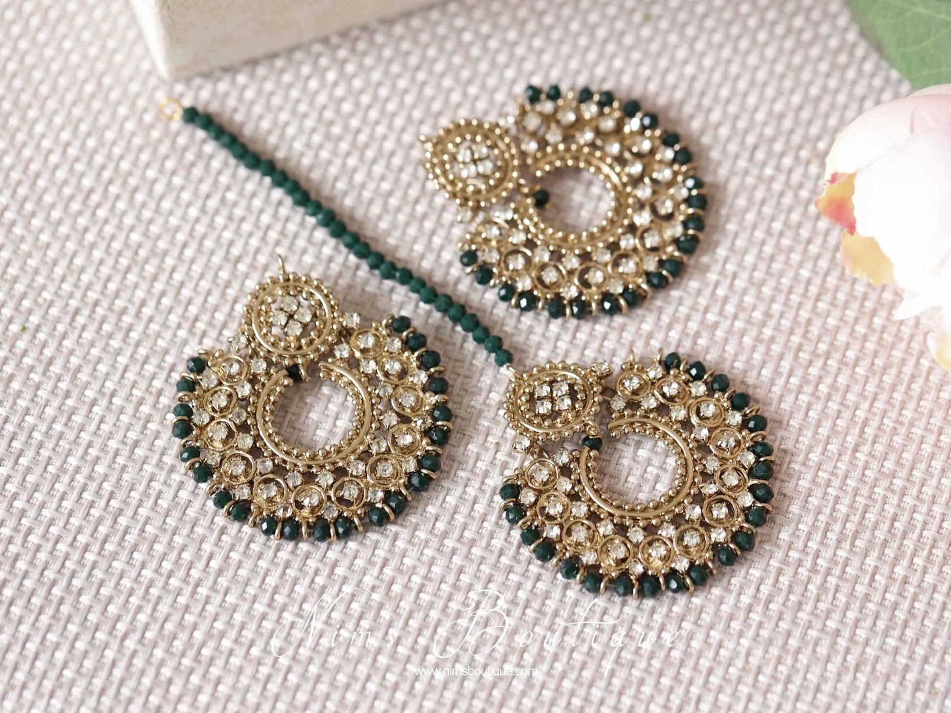 Nims Boutique Royal Antique Gold & Dark Teal Green Chand Tikka Set