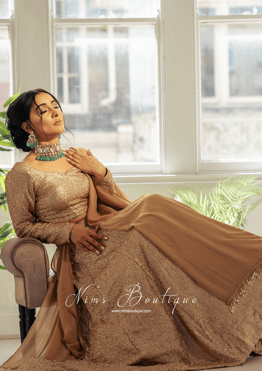 Nims Boutique NB Luxury Gold Sequin Lehnga Long Sleeve