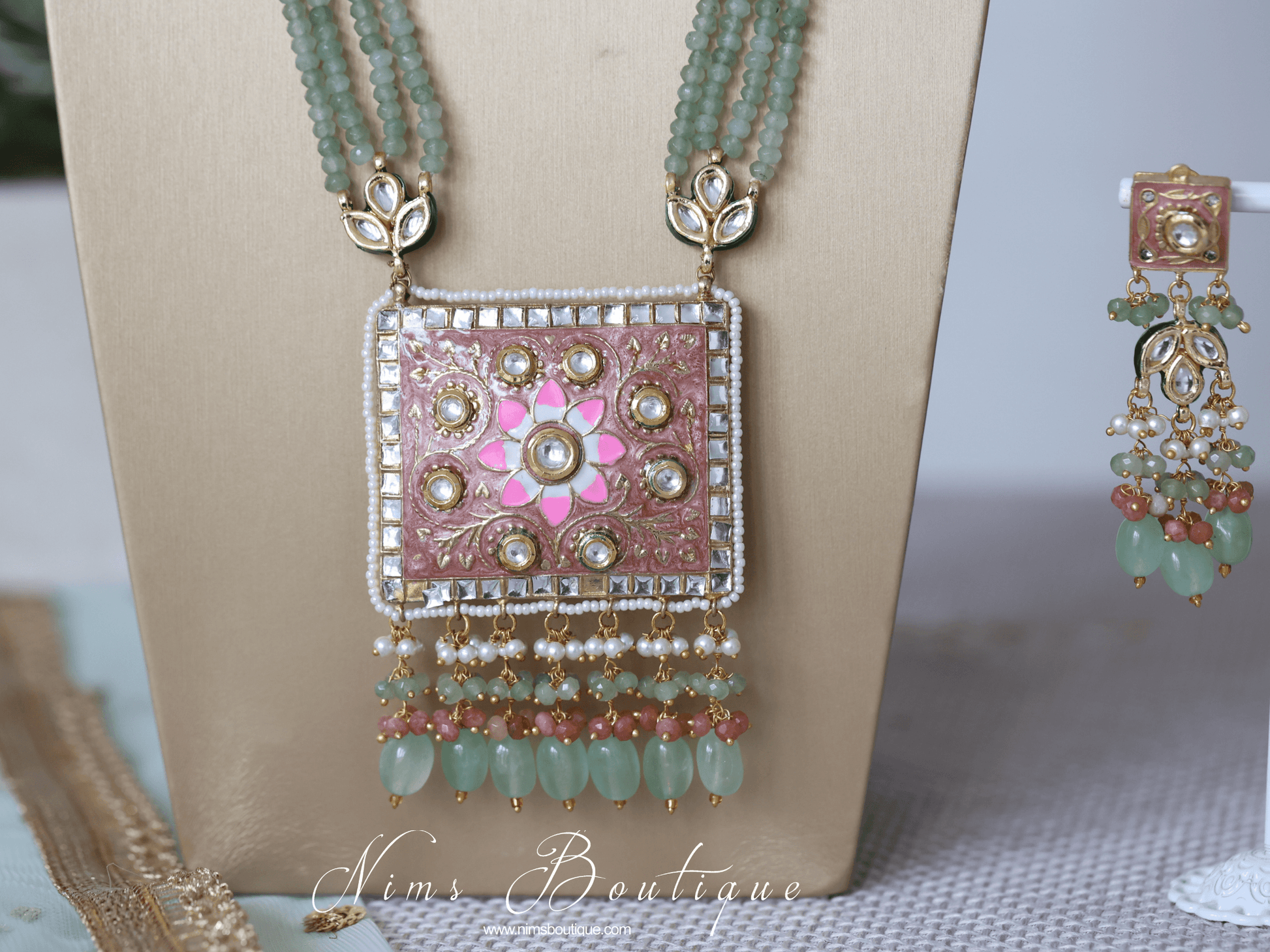 Nims Boutique Nishita Mint & Dusky Pink Meenakari Haar Set