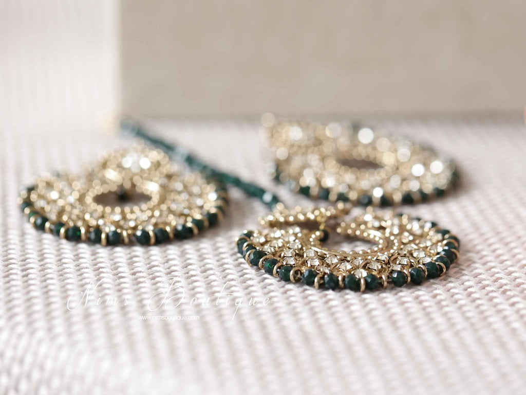 Nims Boutique Royal Antique Gold & Dark Teal Green Chand Tikka Set