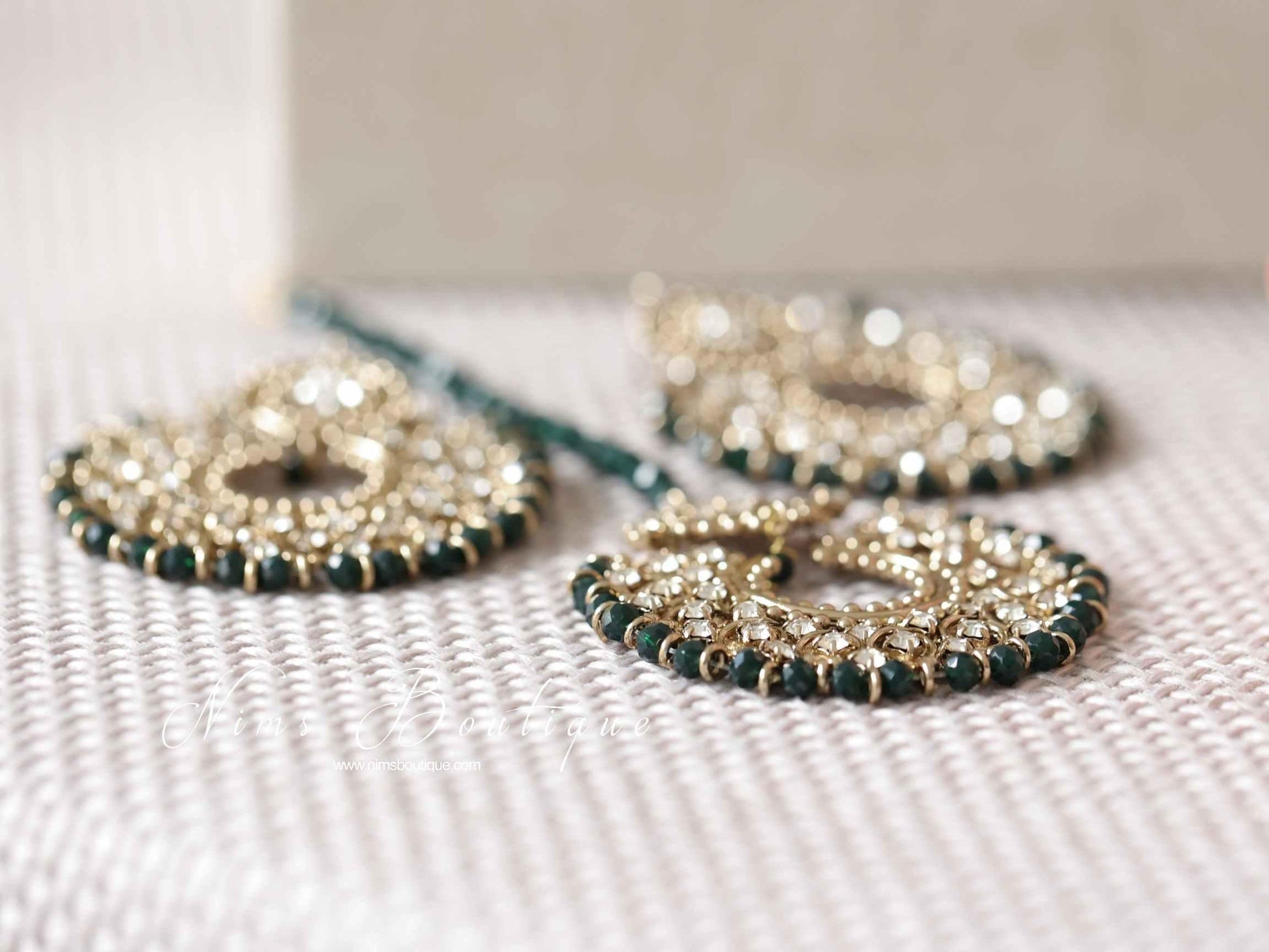 Nims Boutique Royal Antique Gold & Dark Teal Green Chand Tikka Set