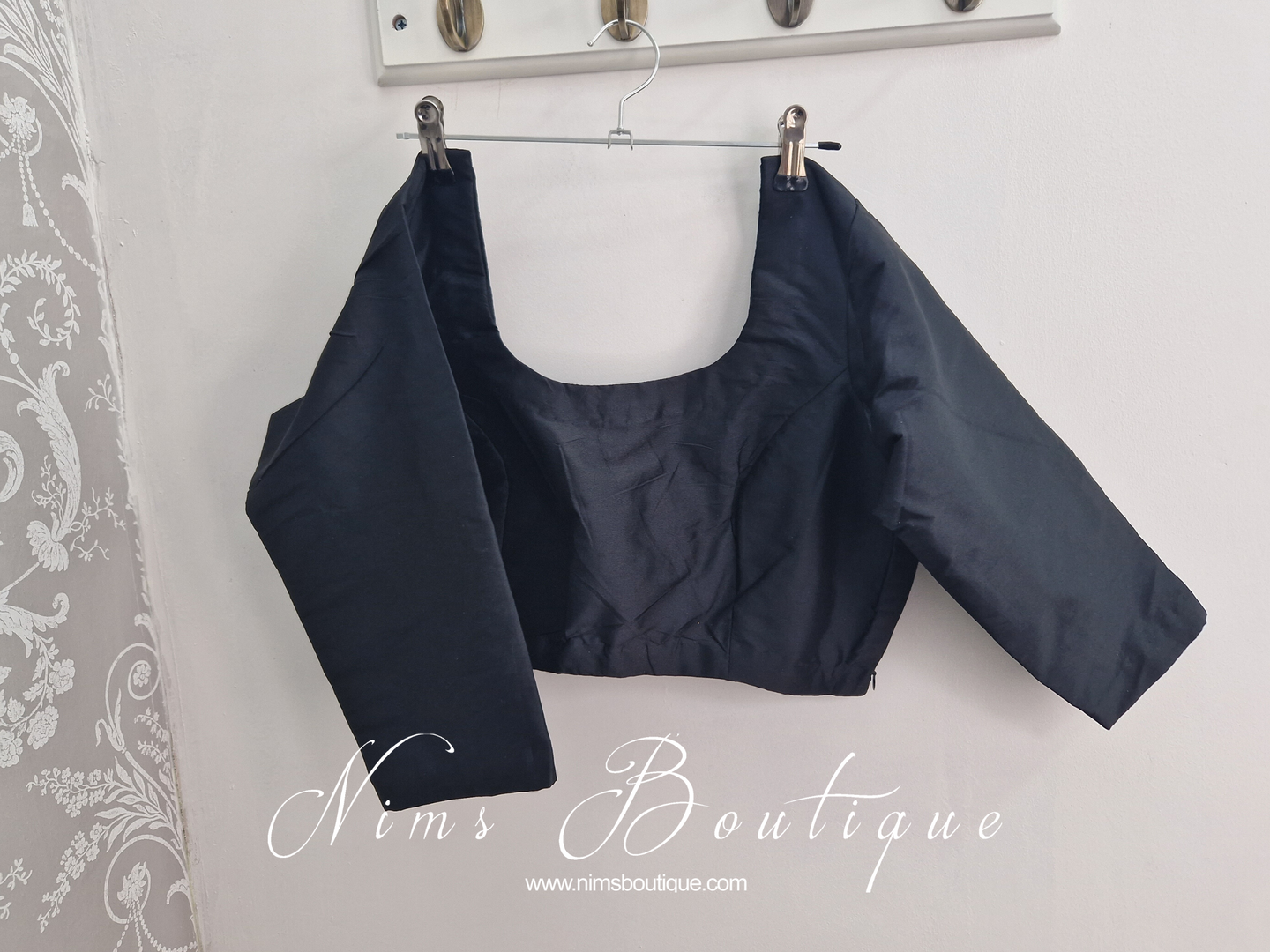 NB Black Silk Blouse, scoop neck, with sleeves (size 8-26)